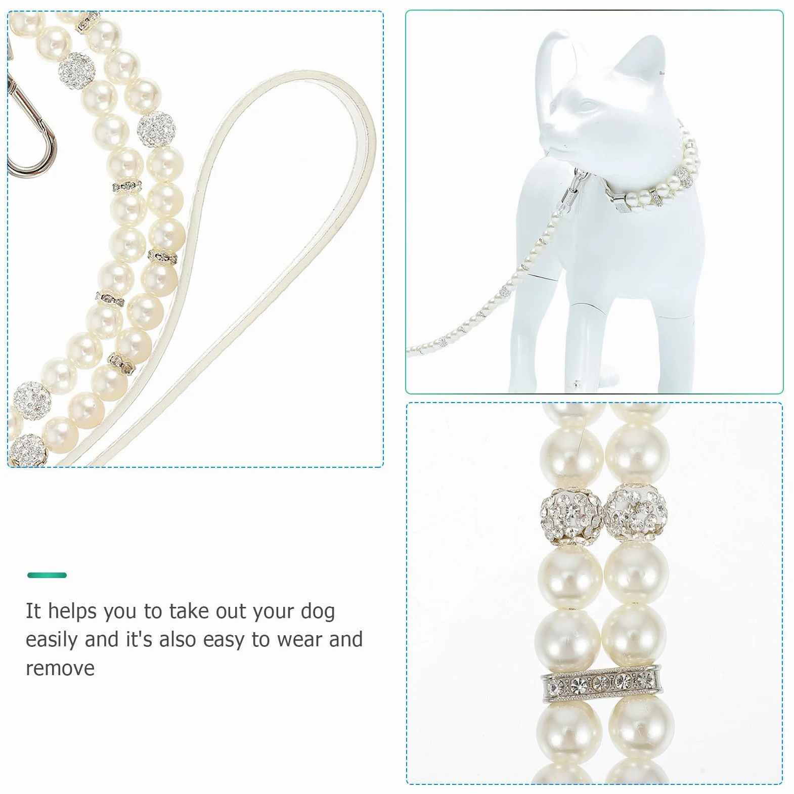 GALPADA Set 2 Pezzi Collare per Cani Perle Regolabile in Pelle Pu e Guinzaglio Bianco per Cuccioli, Flessibile per Passeggiate All'aperto