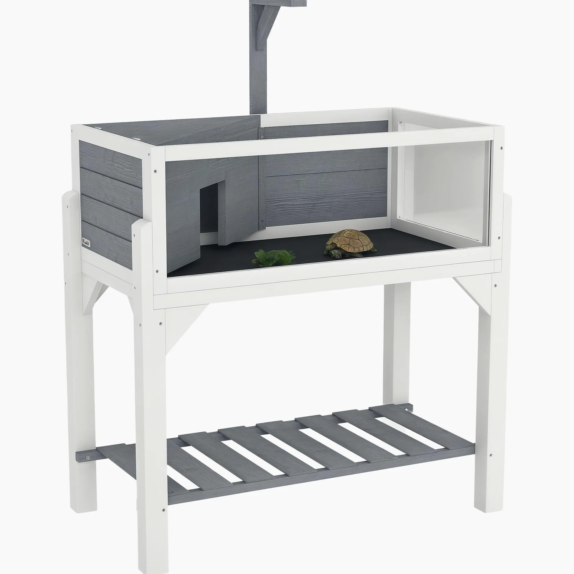 PawHut Casa per tartarughe su piedini a 2 zone - terrario per tartarughe terrestri con tetto apribile e zona interattiva - recinto 90 cm, supporto lampada, vista panoramica e ripiano - grigio
