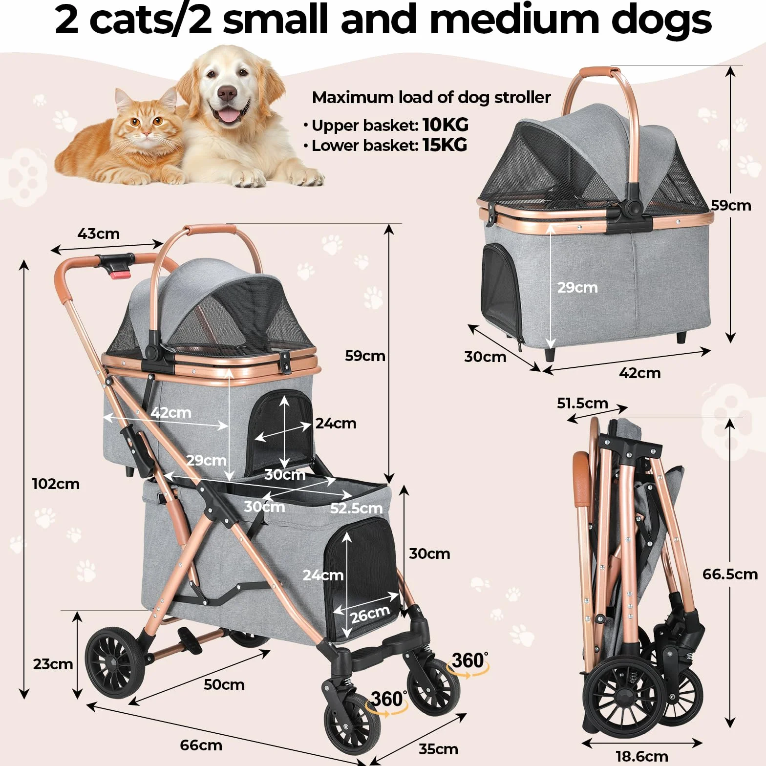 MAMIZO Passeggino Doppio Strato per Cani, Pieghevole Passeggino per Animali Domestici fino a 15 kg, Carrello per Cani con 4 PCS ruote, Passeggino Cane con Finestre a Rete e Portabevande, Grigio