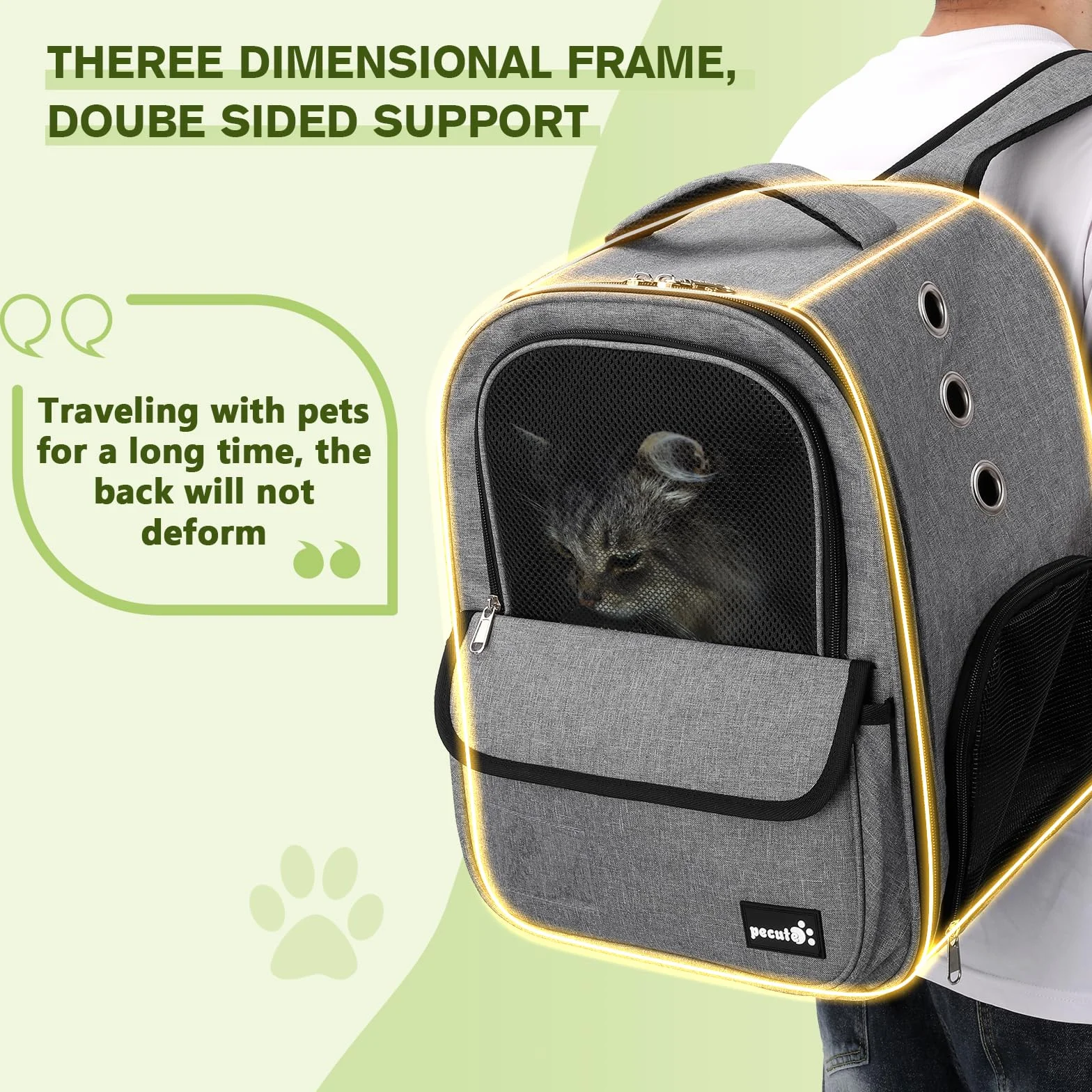 Pecute Zaino Trasportino per Cani e Gatti, Borsa Leggera ed Elegante con Tasche Portaoggetti, Zaino Traspirante in Grigio - Ottimo Regalo per i proprietari di Animali Domestici,Grigio