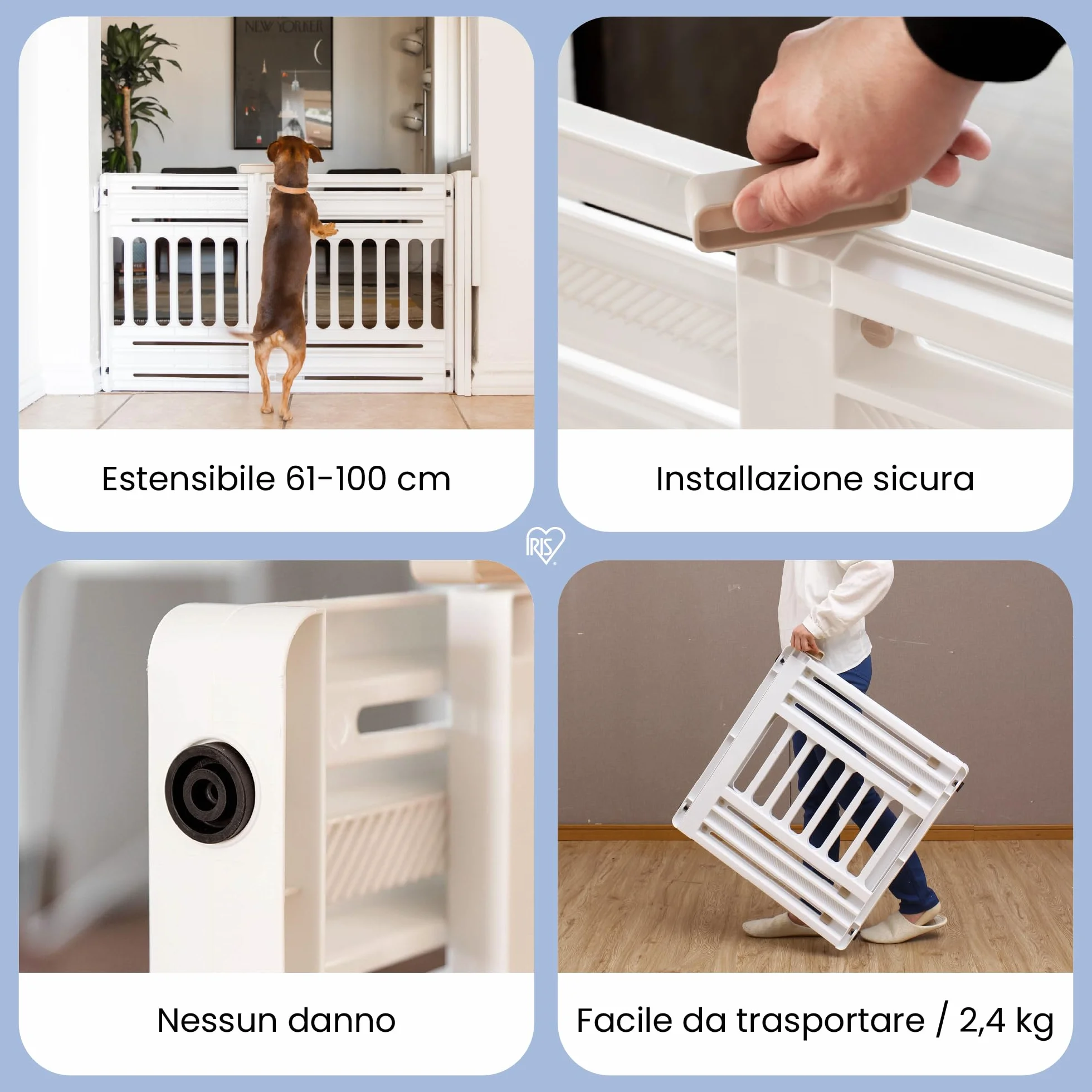 Iris Ohyama, Cancello di sicurezza per animali domestici con chiusura a pressione, estensibile da 61 a 100 cm, chiusura a mano, 2 tamponi per latoper cane - Pet Barrier PBR-600, Bianca