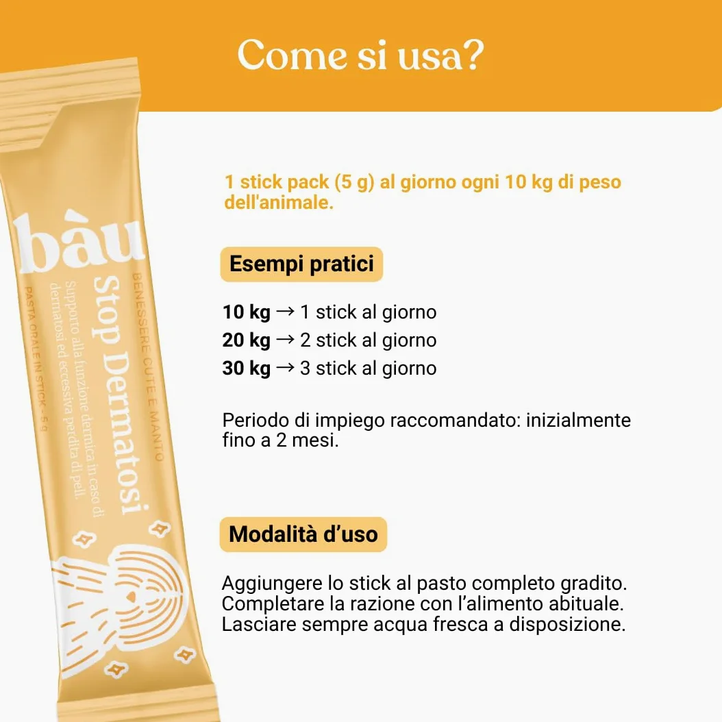 Bau Dermatite Cane e Prurito in Pasta – Stop Dermatosi Integratore Pelle e Mantello – per Perdita Pelo, Cute Irritata e Forfora – Supporto Funzione Dermica in Stick Appetibili
