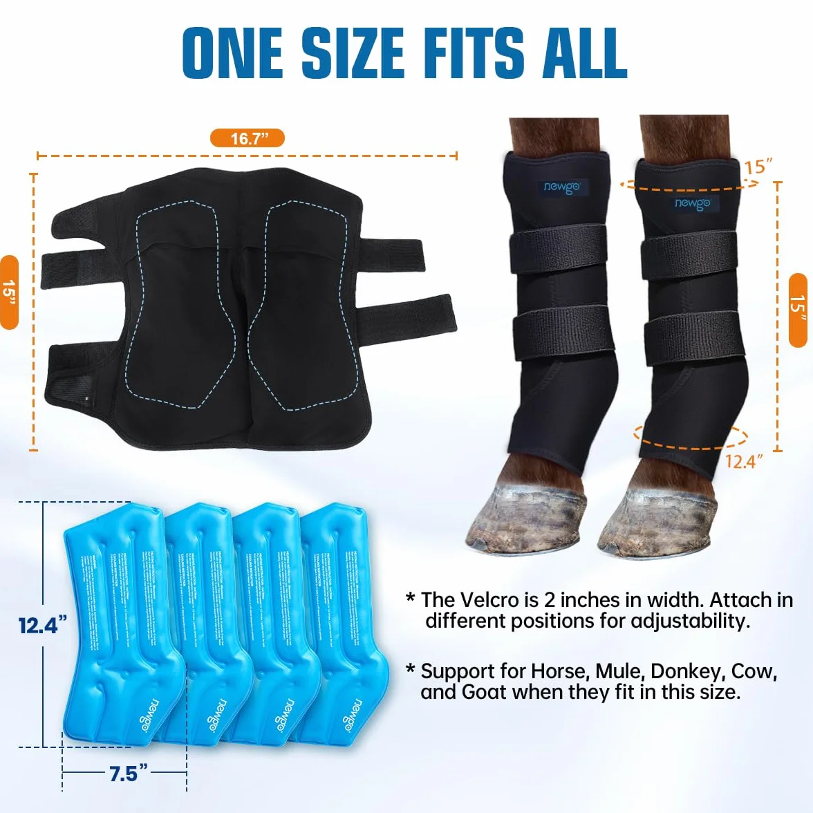 NEWGO Ghette refrigeranti per Cavallo, riutilizzabili, per lesioni, Raffreddamento, Cavallo, Ginocchia, 2 Benda con 4 lavagne di Raffreddamento per Stivali e Zoccoli (2 Pezzo)
