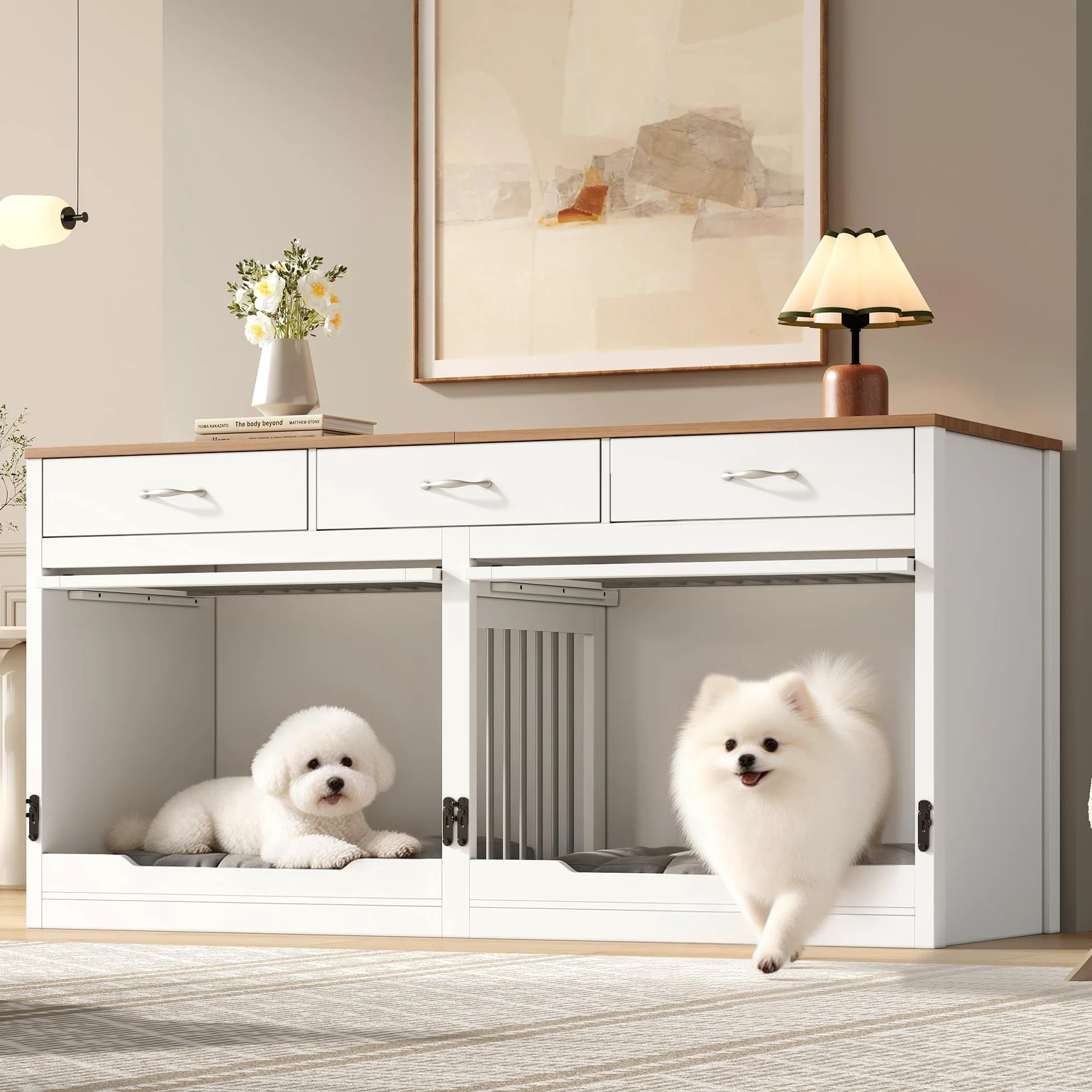 Gabbia per Cani in Legno e Metallo per 2 Cani 164x60x81 cm Cuccia Interna Coperchio Ribaltabile Divisorio Estraibile 3 Cassetti (Bianco + Effetto Legno)