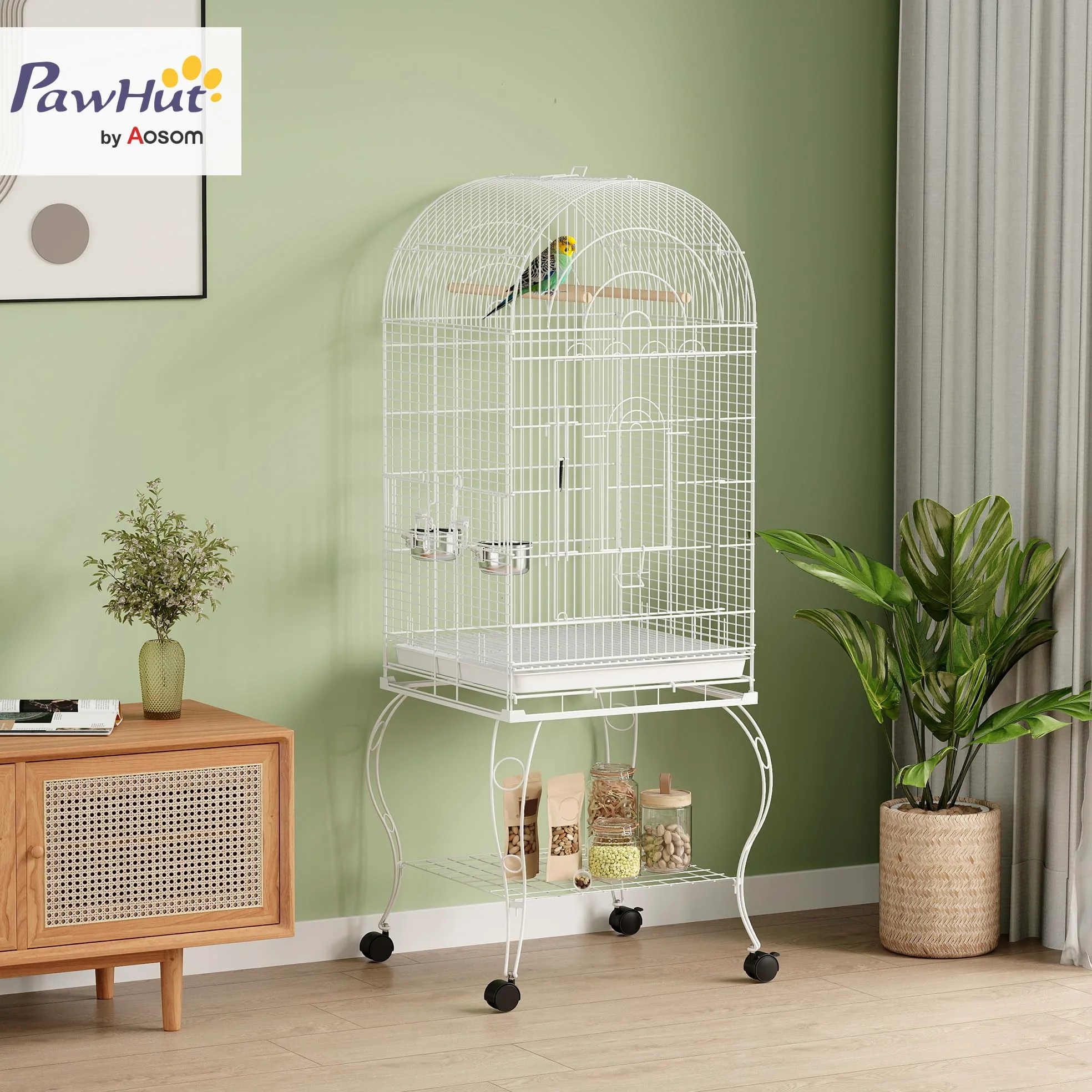 PawHut Gabbia per uccelli con ruote e ripiano, 51x51x153 cm, gabbia grande con parte superiore ribaltabile, 2 mangiatoie, 2 posatoi, 4 porte e vassoio estraibile, per pappagalli e canarini, bianco