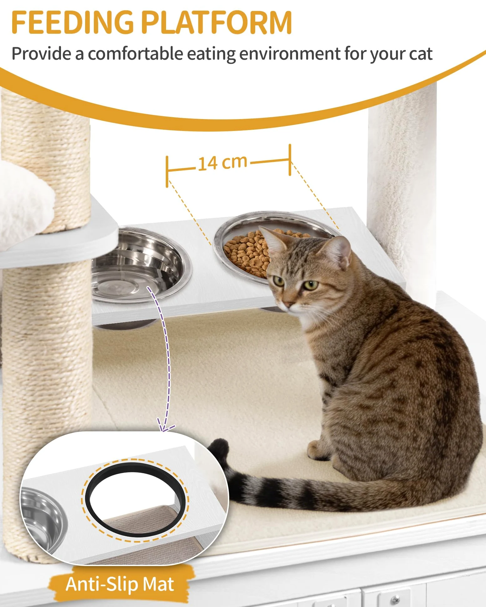 Hzuaneri Mobile Lettiera per Gatti, Albero Tiragraffi per con Ciotole, Condominio per Gatti Multilivello 173 cm, Amaca, Cuscino in Peluche Removibile e Lavabile, Bianco CB89013WT