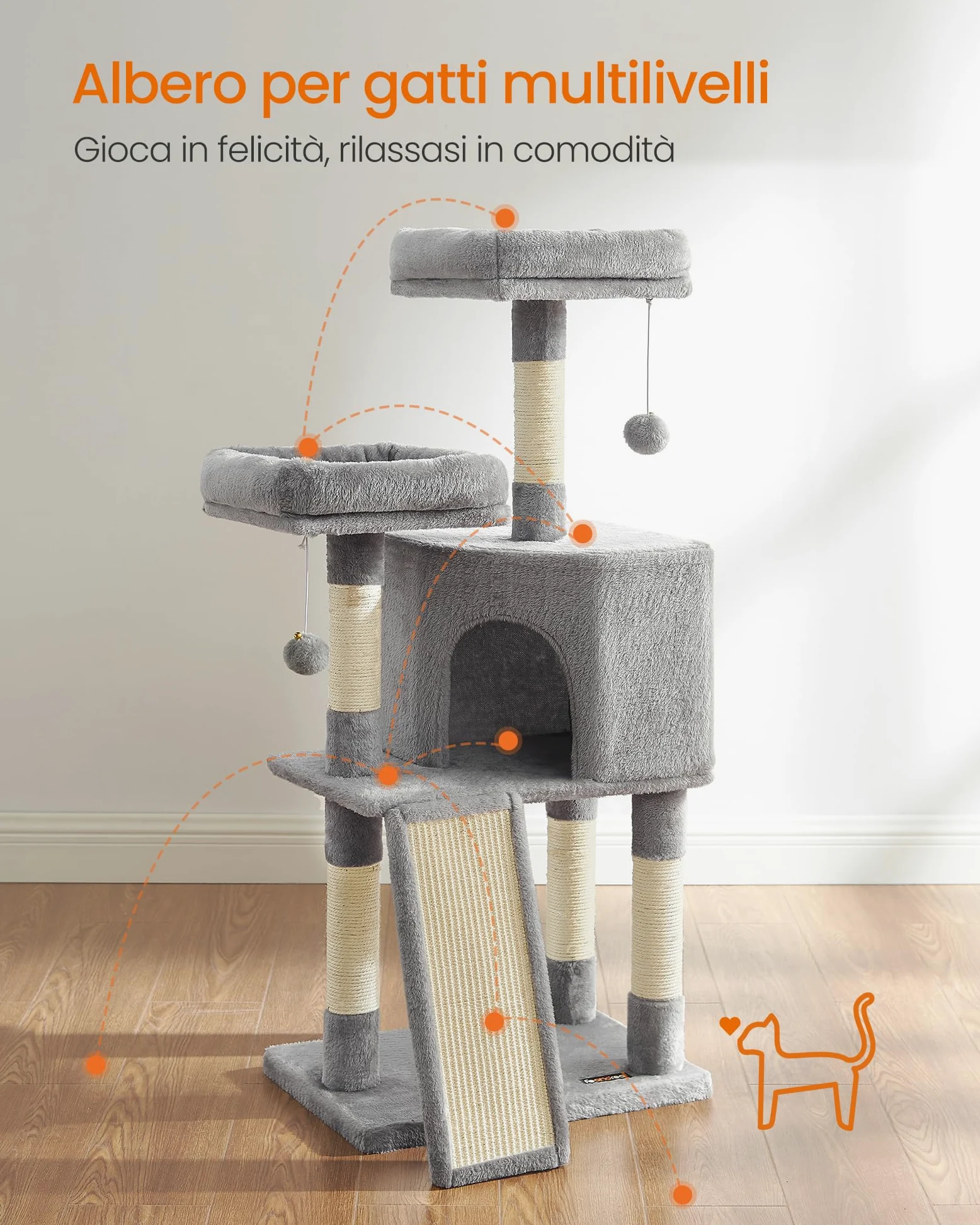 Feandrea Albero per Gatti, Casetta da 115cm, Tiragraffi, Grigio Chiaro PCT141W01V1