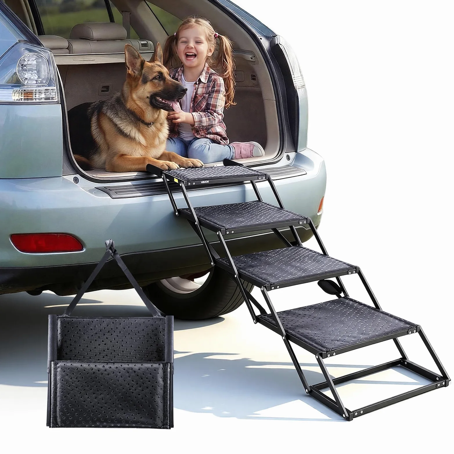 VEVOR Scaletta Pieghevole per Auto per Cani Animali Domestici, Scala Pieghevole a 4 Gradini per SUV Camion Letti Divani per Animali Domestici Carico max 113,4 kg Superficie Antiscivolo Extra Large