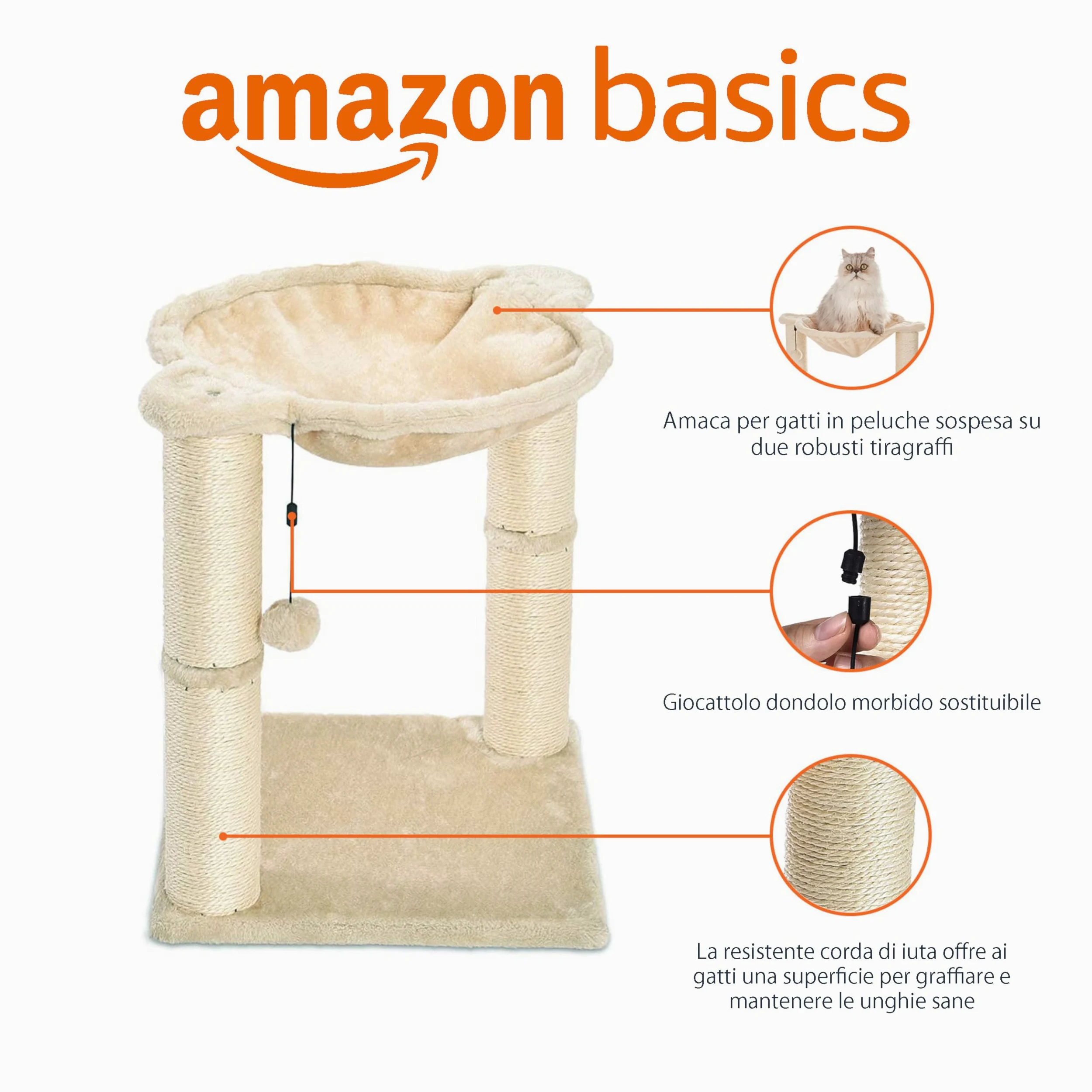 Amazon Basics Albero per gatti con amaca e palo tiragraffi, 40,6 x 50,8 x 40,6 cm, beige