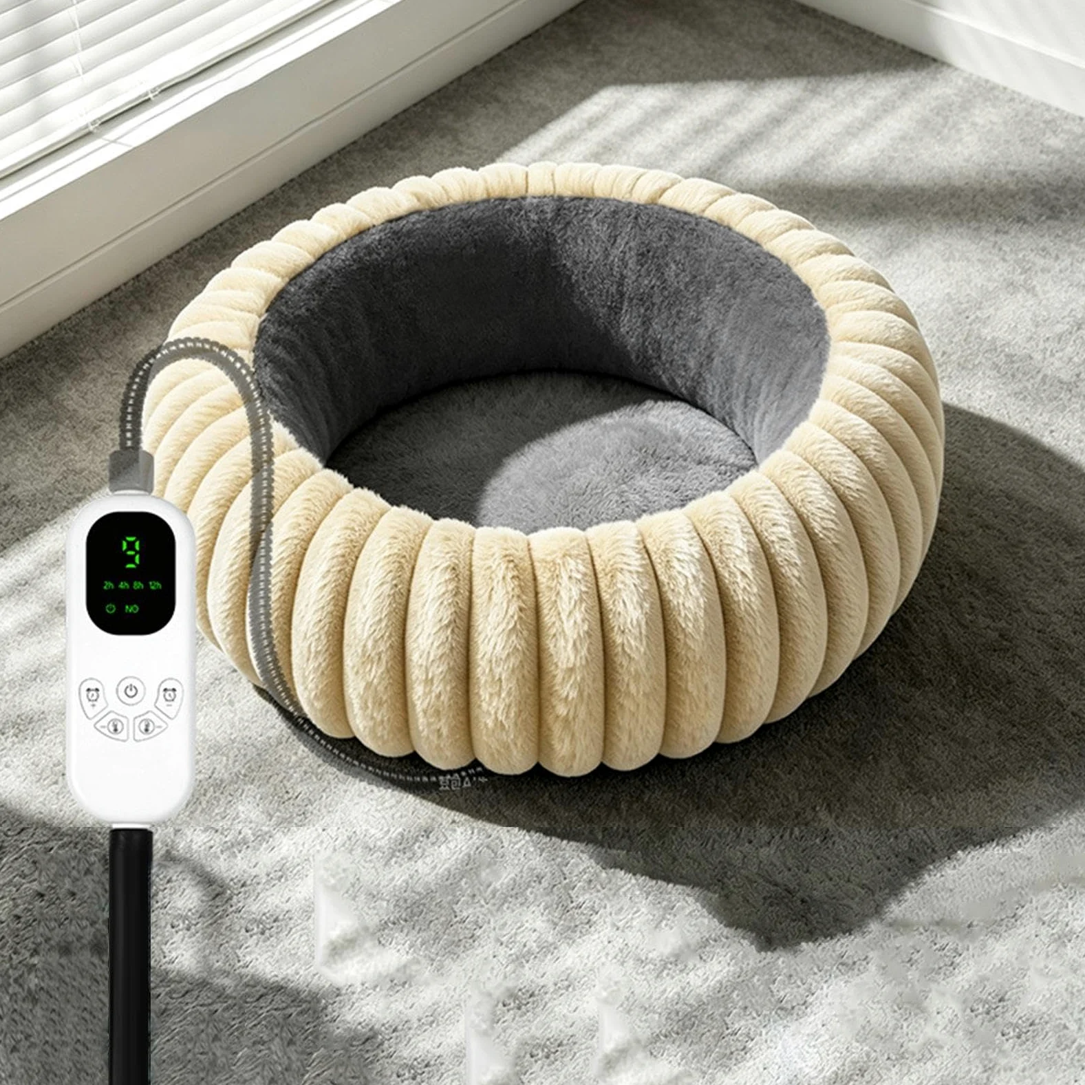 Cuscino riscaldante per gatti, 9 livelli, caldo, rotondo, in peluche, regolabile | Cuccia rotonda per gatti, per casa, interni ed esterni, soggiorno, camera da letto, ufficio, pavimento, mobili, viaggi,
