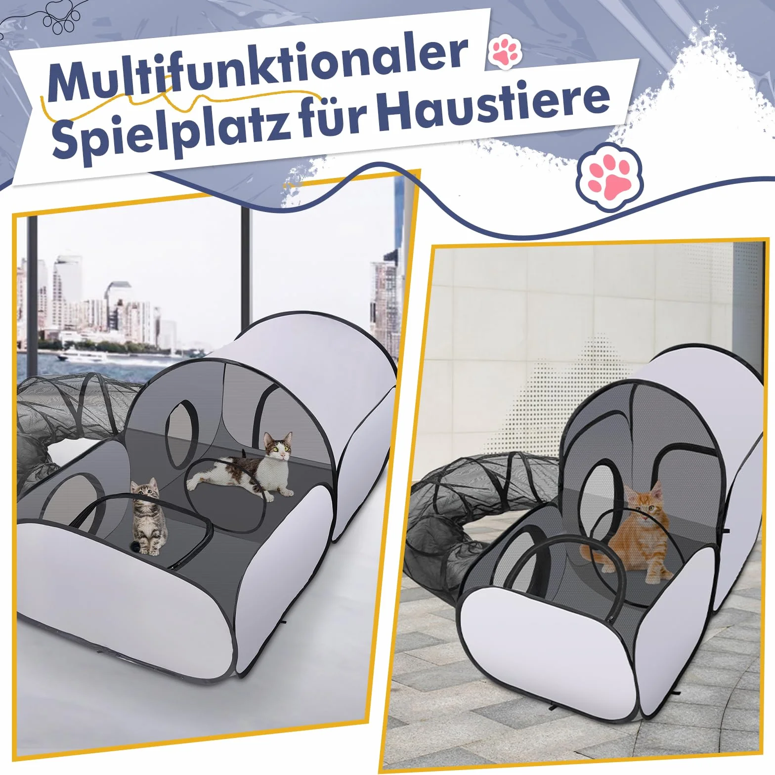 Box pieghevole per gatti con tunnel, box multifunzione con rete traspirante, tenda portatile per piccoli animali interni ed esterni, recinti e gabbie per esterni, S
