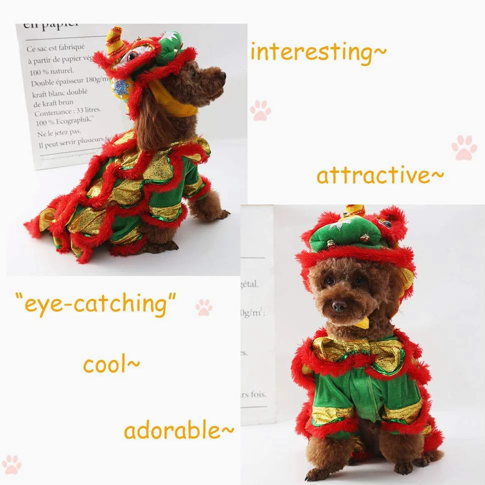 Costume da cane con drago e gatto, abbigliamento da danza del leone, caldo per l’esterno, cappotti invernali per cani di piccola taglia