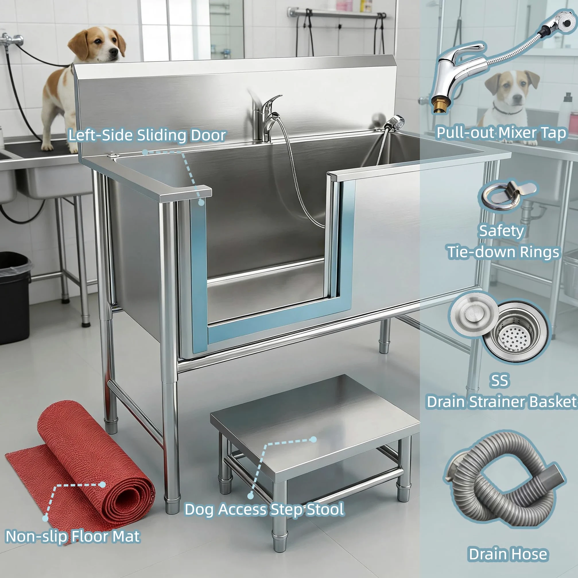Vasca da Bagno per Cani in Acciaio Inox 304, Vasca Toelettatura Professionale con Pedana di accesso e Porta Scorrevole, Stazione Lavaggio Cani Antiscivolo con Miscelatore fino a 100 kg (47.24in)