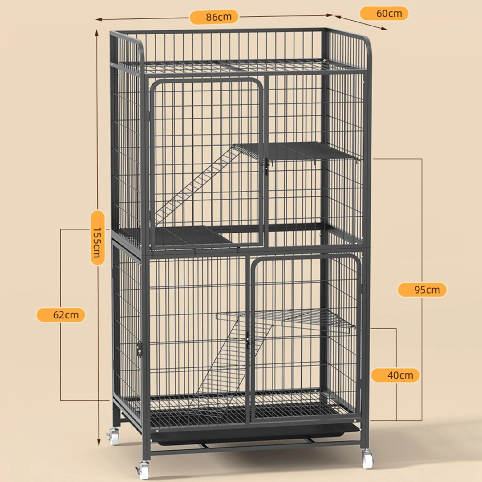 Grande gabbia per gatti, Gabbia per Gatti da Interno Multifunzionale, con 4 Rotelle Orientabili e vassoio estraibile, prodotti per animali domestici, Gabbia per 1-2 Gatti, Chinchilla(86*60*155cm)