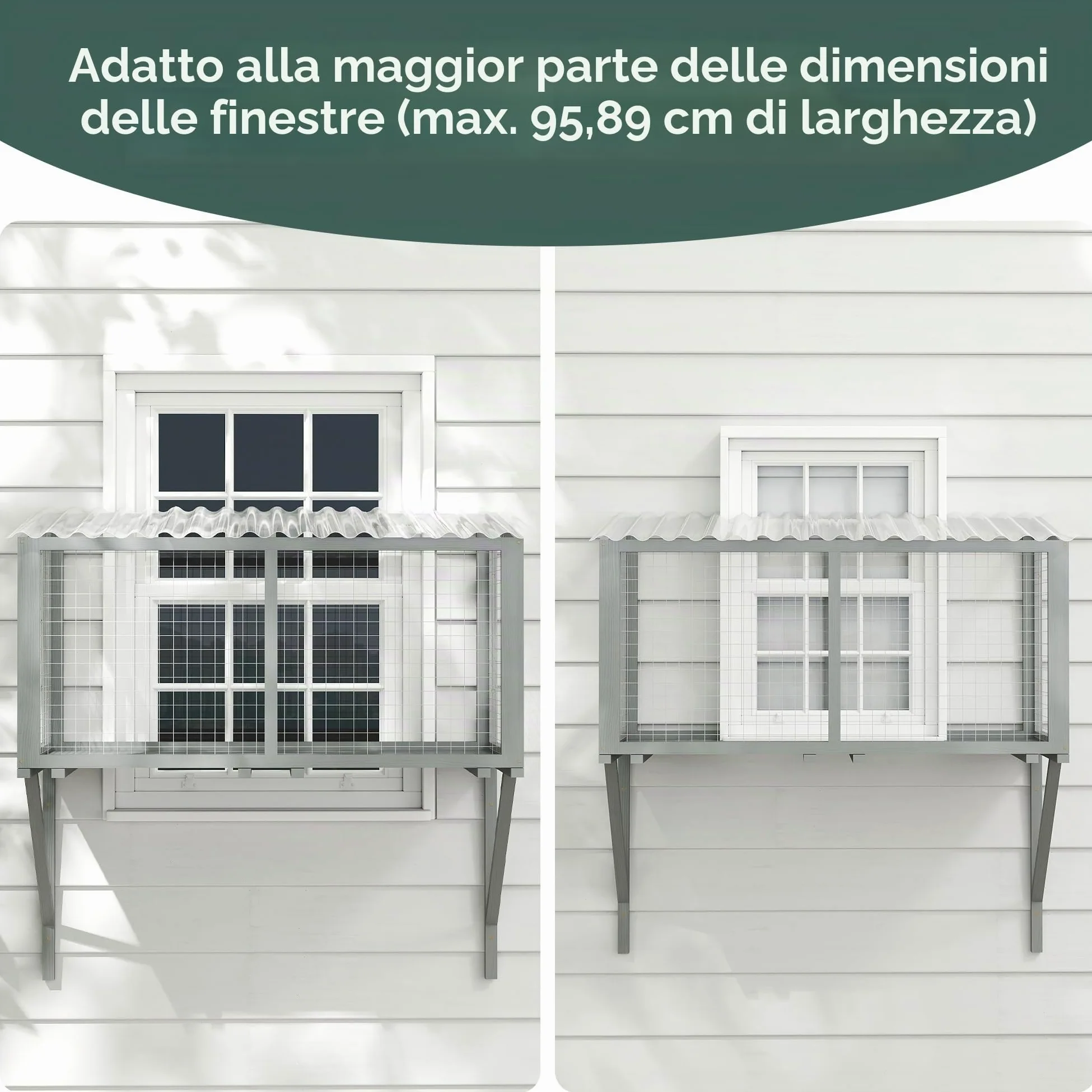 Catio - Finestra per gatti da esterni, in legno, resistente alle intemperie, con rete metallica zincata e tetto in PVC, grande piattaforma di osservazione per gatti, stabile a parete (grigio scuro)