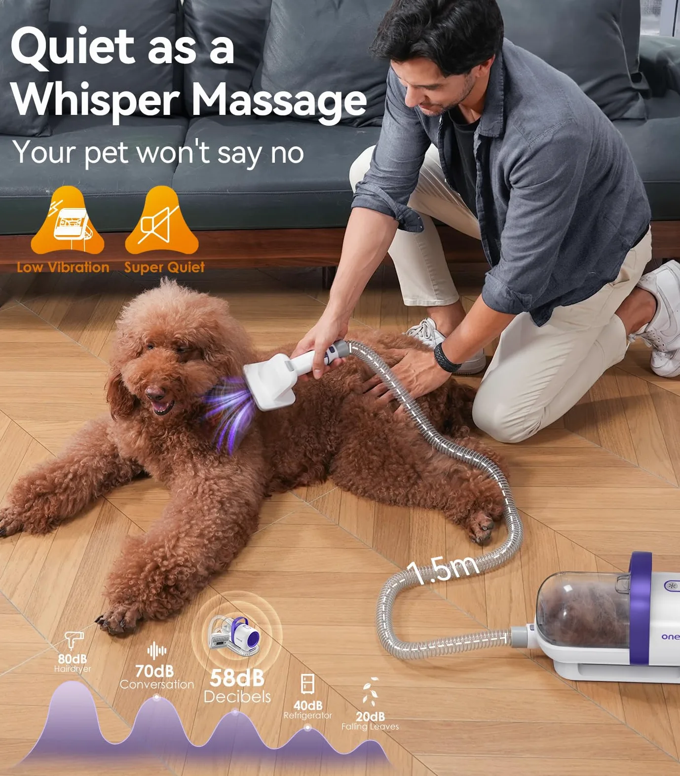 oneisall cane aspirapolvere con spazzola, forte potenza di aspirazione cane spazzola aspirapolvere con 12000 Pa, succhia il 99,99% dei peli di animali domestici (1,5L) con 4 accessori per la cura