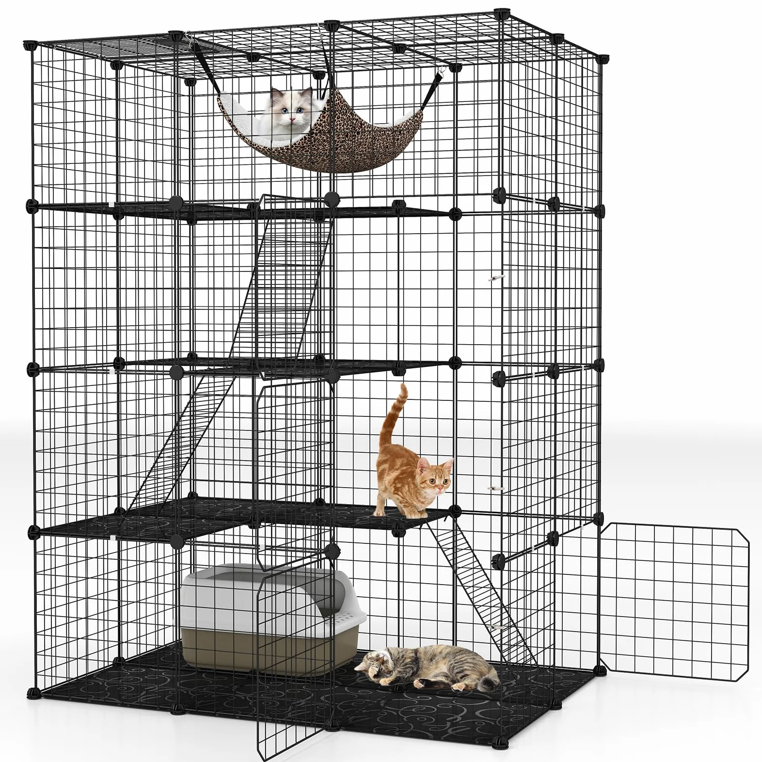 GYMAX Casa Gabbia per Gatti a più Livelli, in Metallo, Recinto per Gatti con Amaca Rimovibile, Porta, Scale, Parco in Metallo per Animali Domestici per Conigli e Cuccioli (109,5 x 74 x 142 cm)