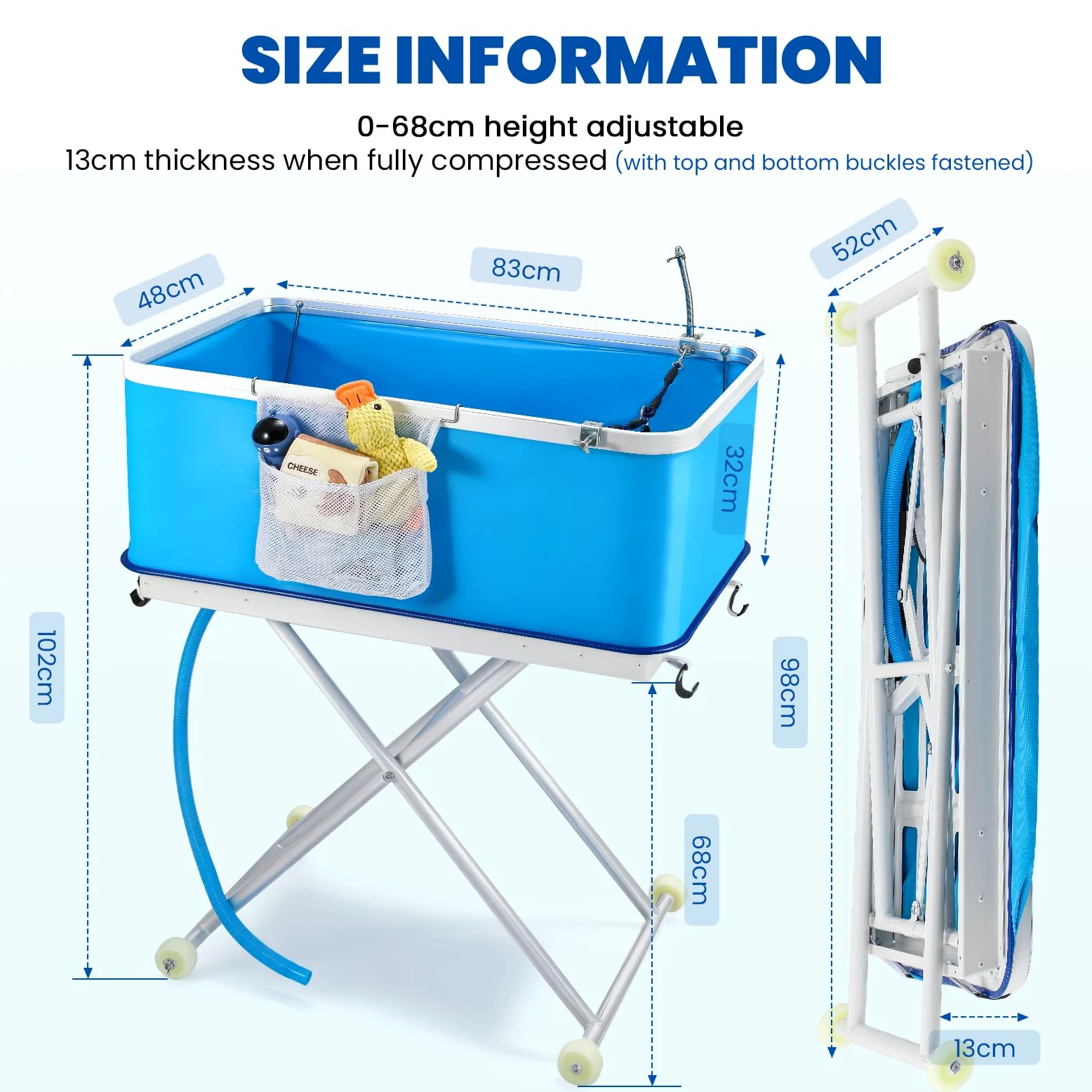 NEWTRY Grande vasca da bagno pieghevole con scarico, carico massimo 80 kg, regolabile in altezza, ruote bloccate, adatta per cani e gatti di piccola e media taglia (blu)