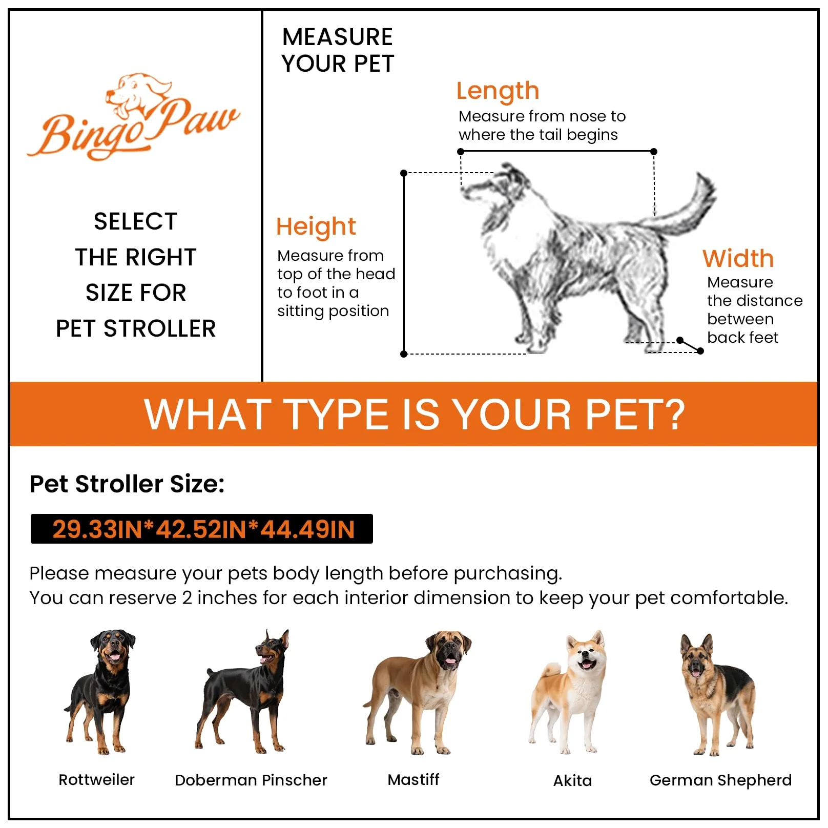 BingoPaw XL Passeggino per cani Grandi 65 kg Passeggino per Animali Domestici Pieghevole, Ruote dei freni per cani, Traspirante, Ammortizzante, Sicuro