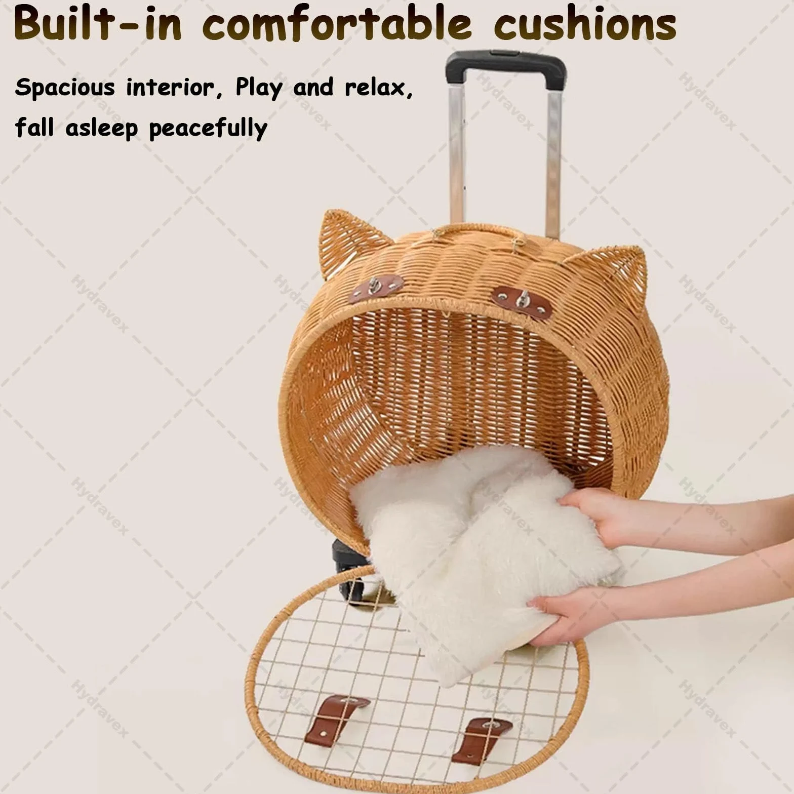 Passeggino per gatti in stile retrò, in rattan, con ruote e manico telescopico, ideale per viaggi, passeggiate e visite veterinarie