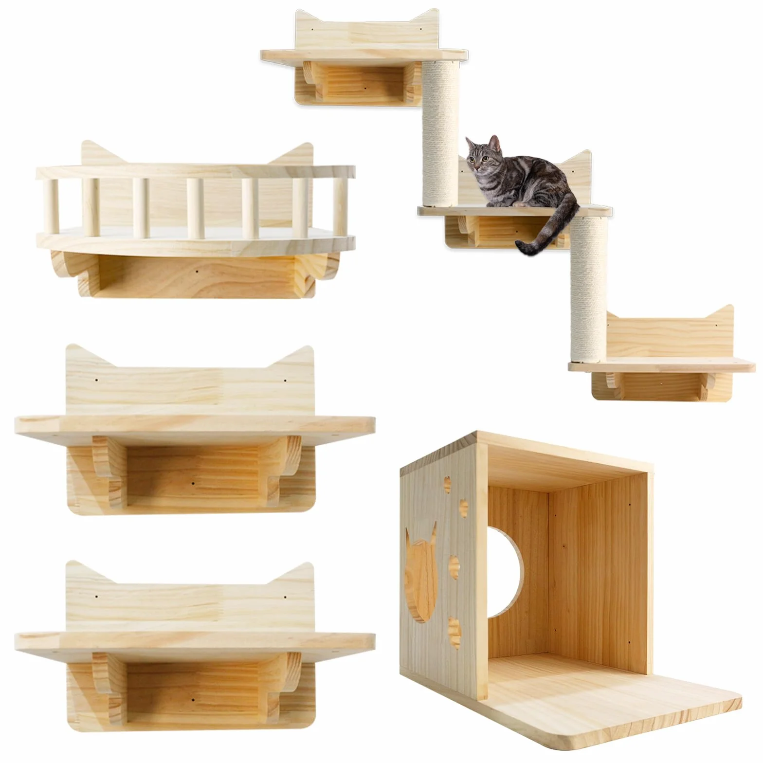 Mensole da Parete per Gatti, Set da 5 Mobili da Parete per Gatti, Includere Mensole, Posatoi, Scaletta, Tiragraffi e Casetta per Dormire, Giocare