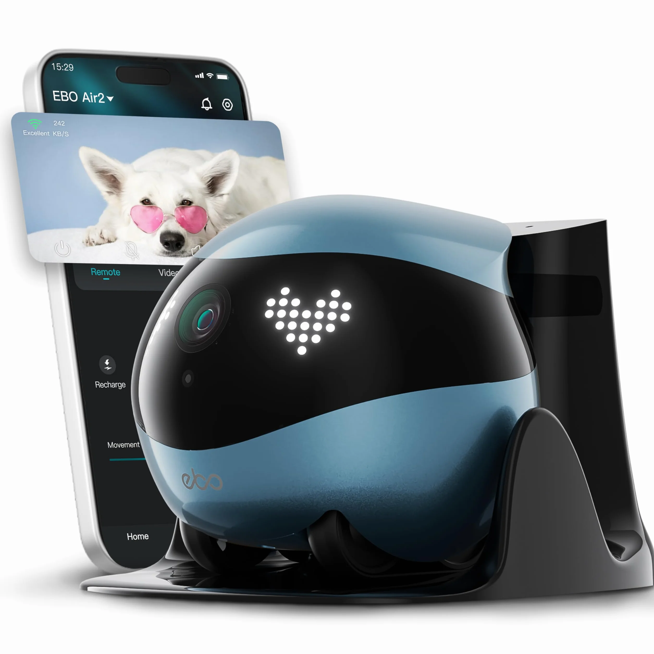 Enabot EBO Air 2 FamilyBot, telecamera per animali domestici con app, fotocamera mobile 2 K con espressioni facciali personalizzabili, telecamera per gatti senza fili con visione notturna, fotocamera