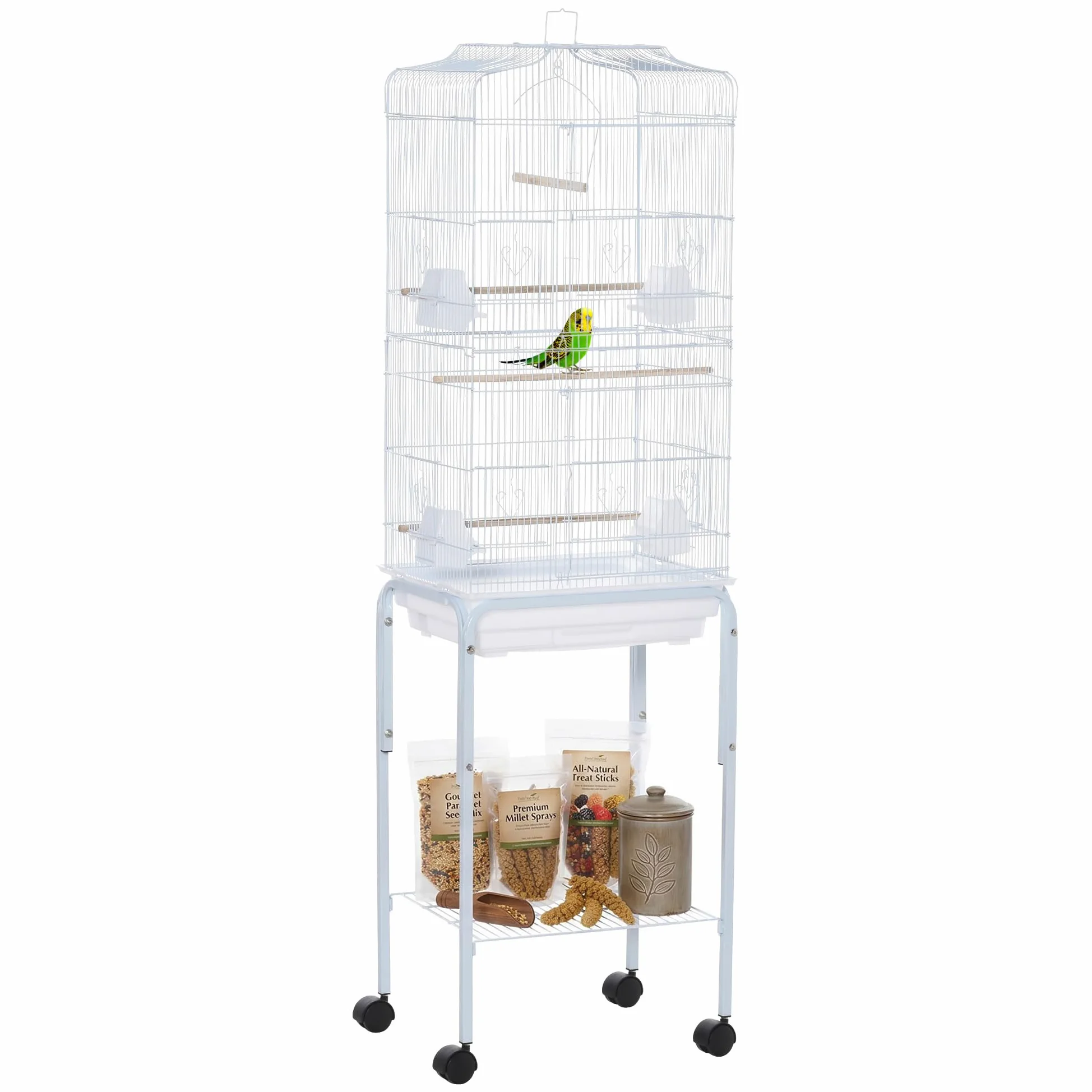PawHut Gabbia per Uccelli, Voliera in Metallo e Acciaio con Ruote, Trespoli e Ciotole, 46.5x36x157cm, Bianco
