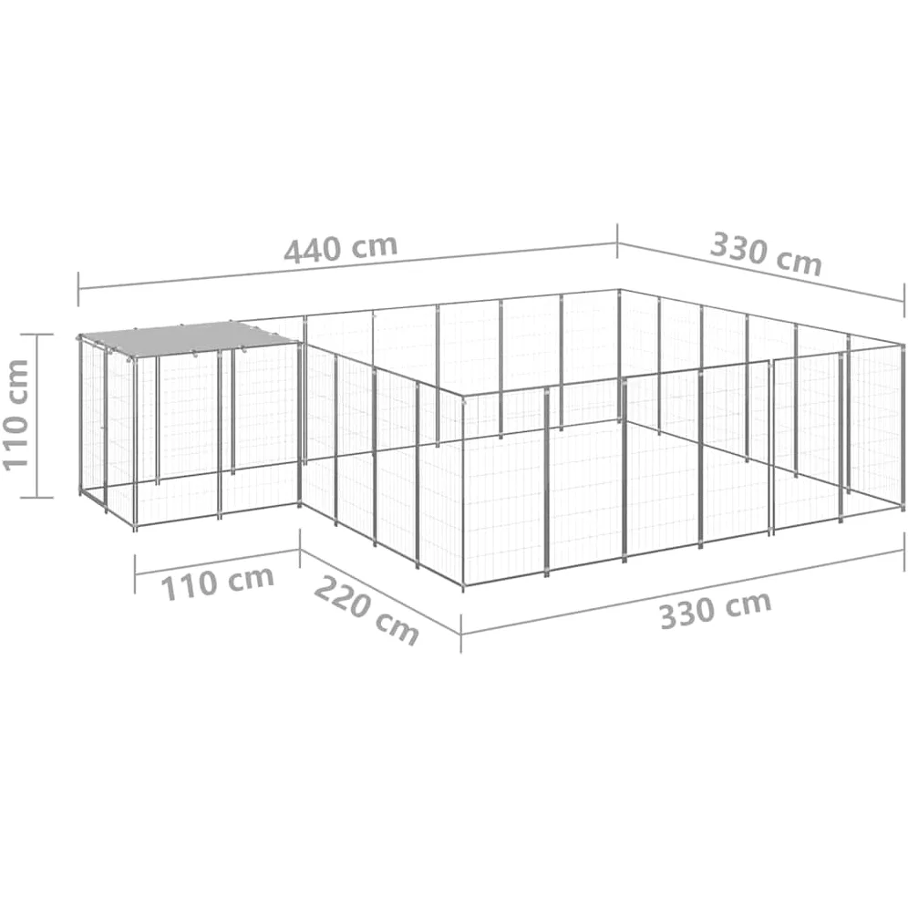 Cuccia per cani con tetto in polietilene, 440 x 330 x 110 cm, in acciaio | Grande recinto da giardino per cuccioli con copertura protettiva e porta richiudibile per una corsa sicura all'aperto.