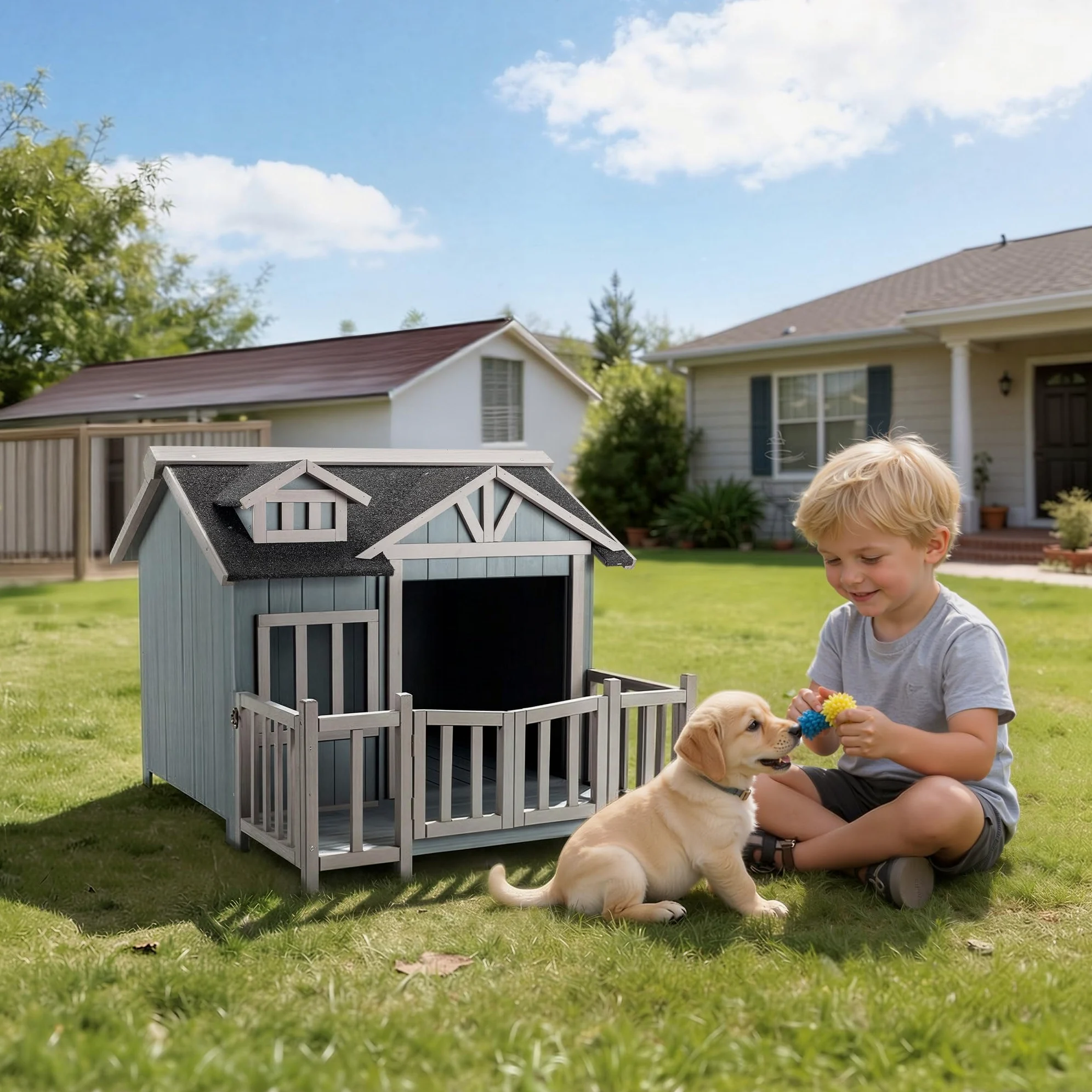 Cuccia per cani Luxus XL con patio in legno per uso esterno