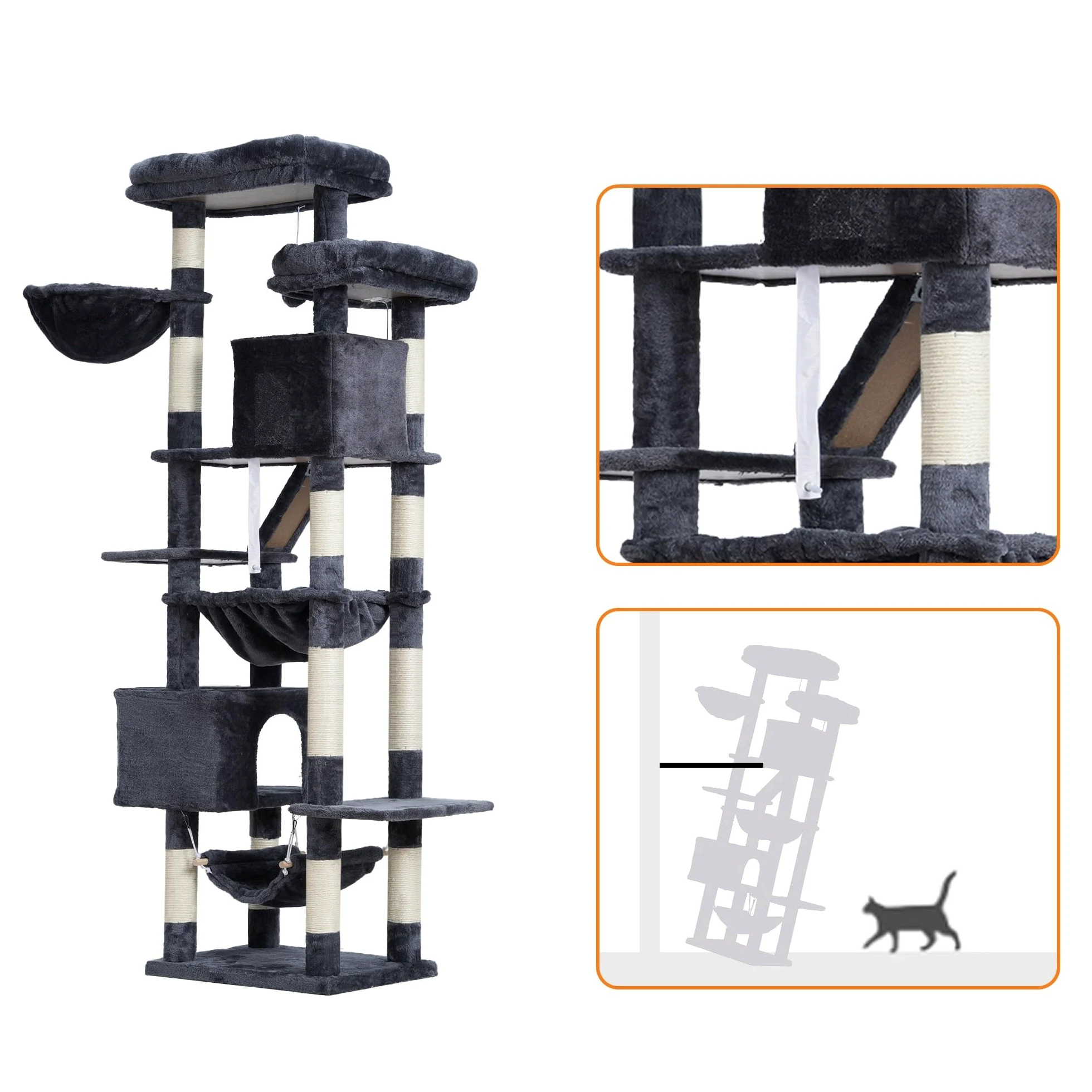 Heybly Albero Per Gatti, Torre 180 cm, 2 Piattaforme, 2 Capanne, 2 Amache, Pannello Per Sgualabocche. Grande Mobile Per Gatti Con Spazio Dormire, Grigio Fumo HCT034G
