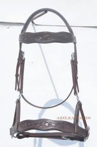 Briglia laterale marrone bitless con intaglio a mano su sopracciglia e nasello a forma di curva