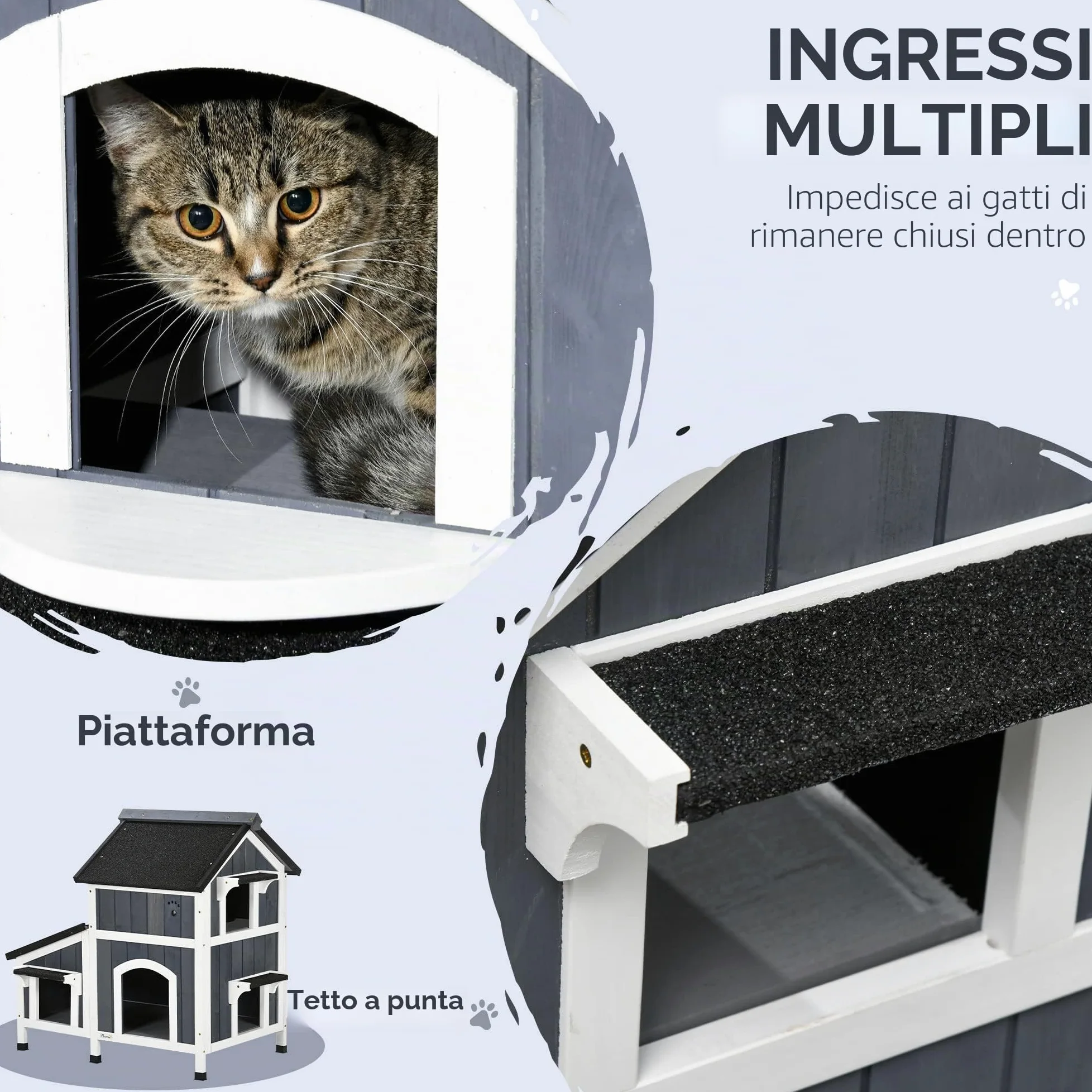 PawHut Casetta per Gatti in Legno di Abete - Rifugio a 2 Piani Con Diversi Ingressi, Grotta All'aperto, Tetto in Asfalto, Fioriera - Resistente All'inverno