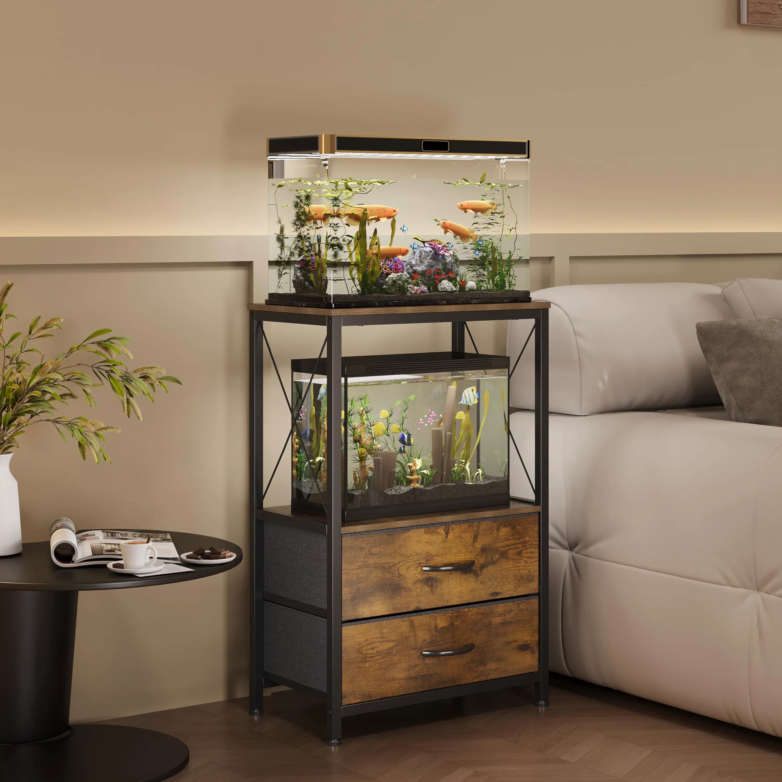 Supporto per acquario, 38 l, con 2 cassetti, per acquario, per 40 l, per pesci e tartarughe e rettili, 2 piani, colore marrone rustico