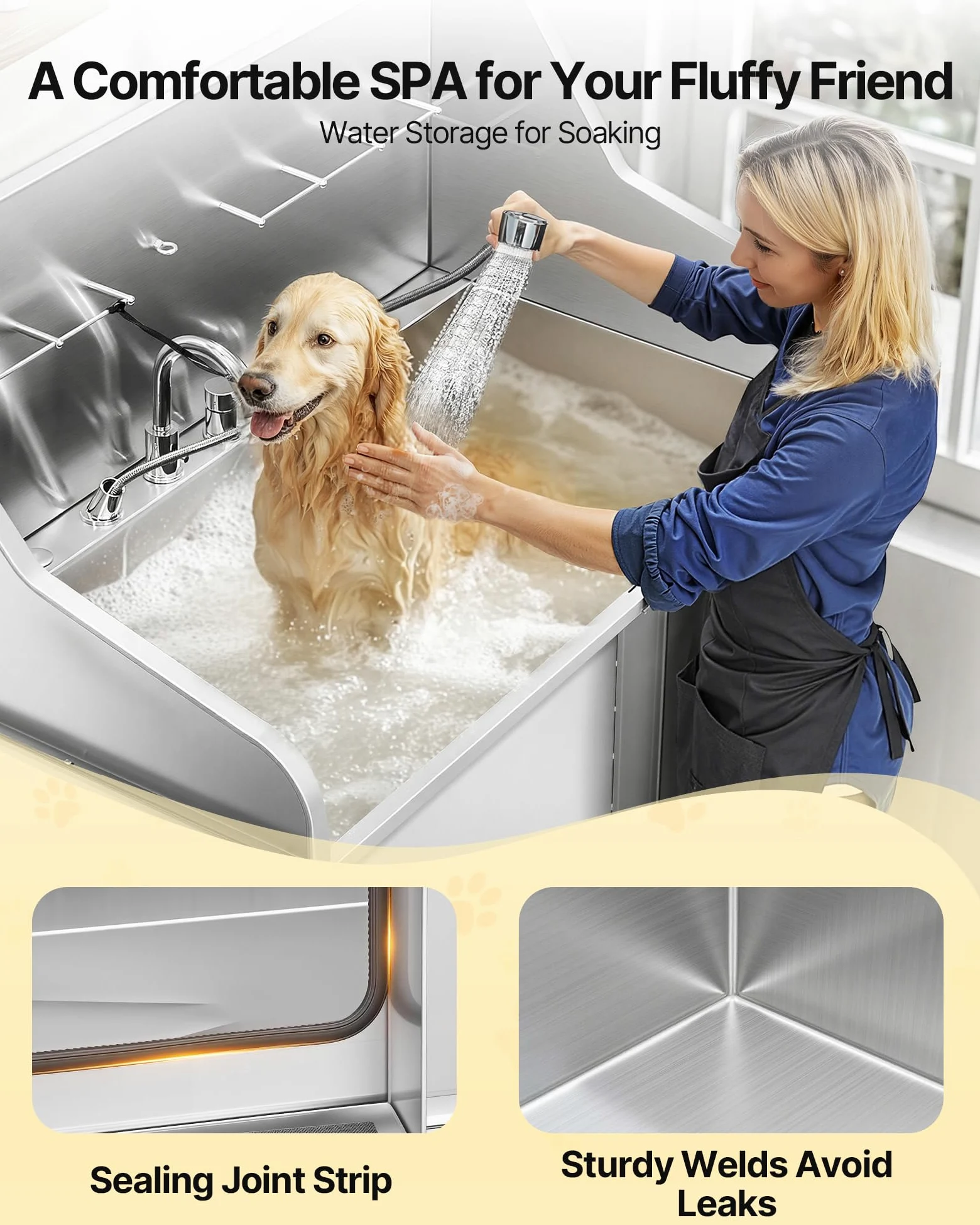 VEVOR Stazione di Lavaggio per Cani in Acciaio Inox, Vasca per Toelettatura per Animali Domestici di Grandi, Medie e Piccole Dimensioni da 127 cm con Rampa, Rubinetto e Porta Sapone, Porta Sinistra
