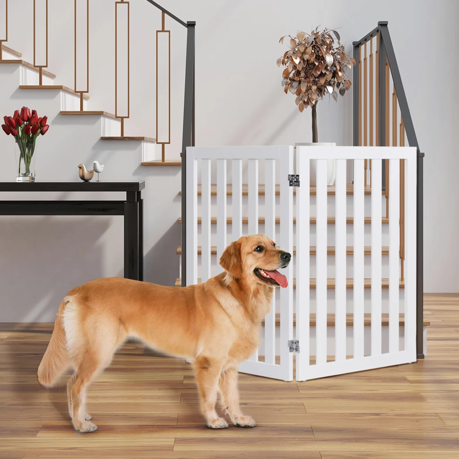 COSTWAY Cancelletto per Cani Pieghevole in Legno con 2 Ante, Ideale per Scale, Soggiorno e Cucina, 89 x 101 cm, Bianco