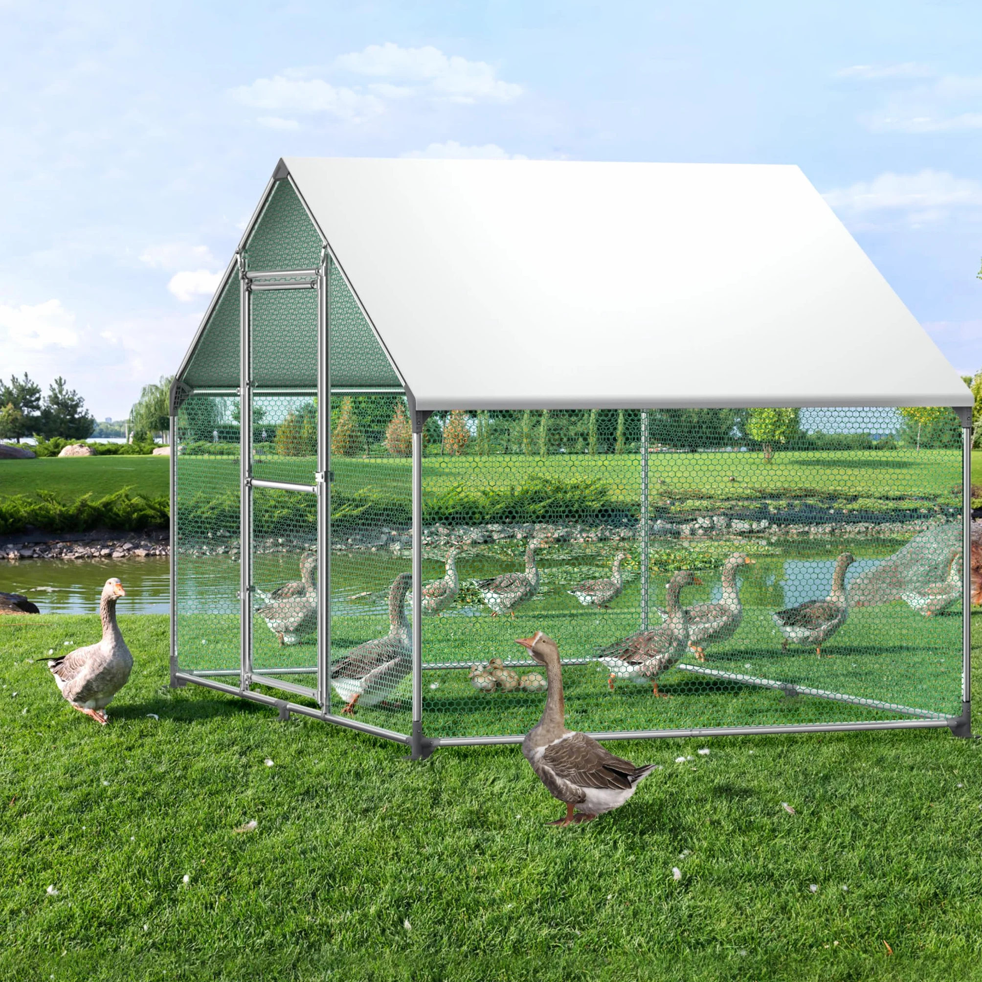 Froadp Pollai e Gabbie in Acciaio Zincato per Galline Uccelli da Esterno Gabbia con PE Tetto Parasole e Lucchetto Grande Recinto di Pollo Voliera per Animali Conigli Polli Cucce (3x2x2m, 6㎡)