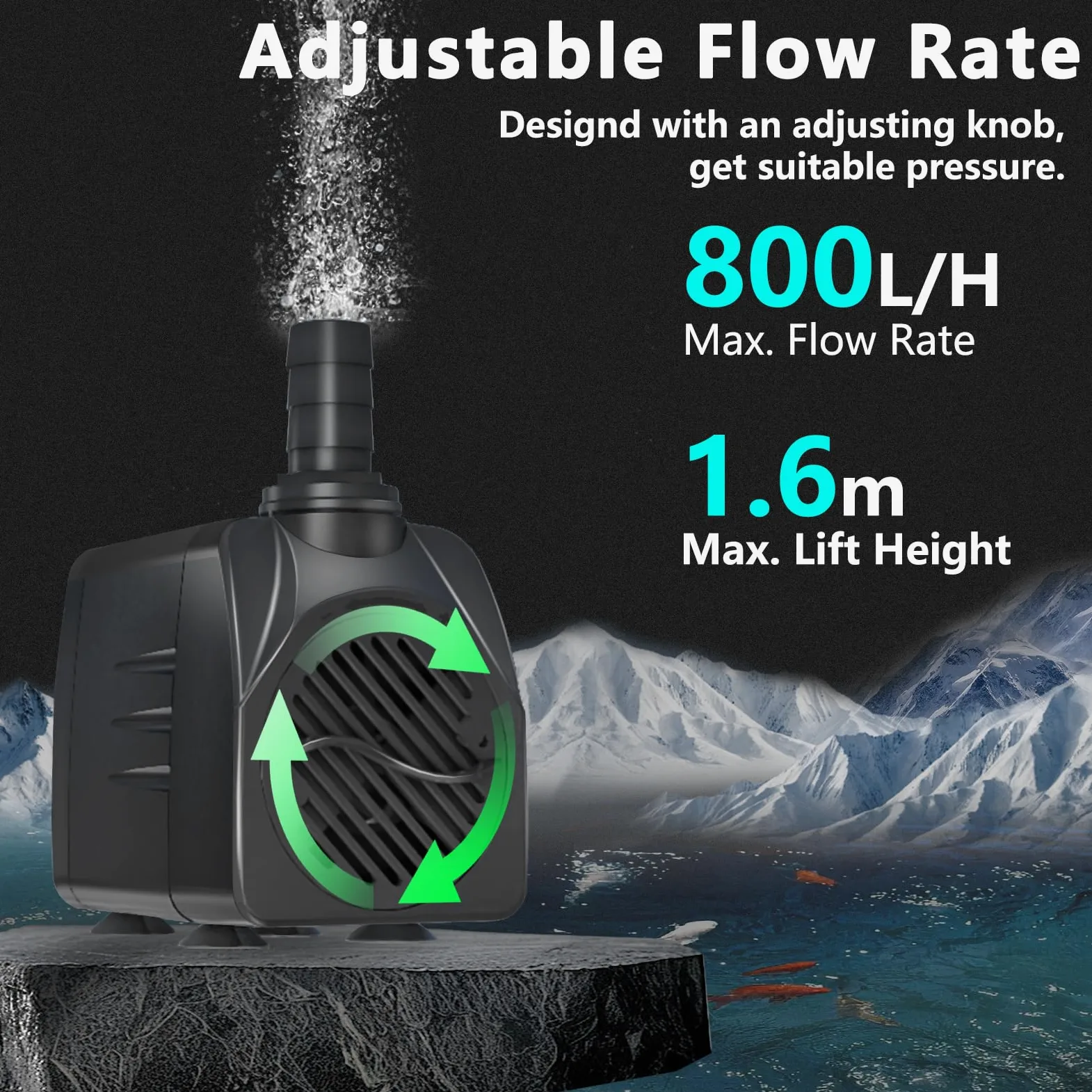 Pompa filtro per laghetto, 16 W, 800 l/h, protezione dal surriscaldamento, funzione ultra silenziosa, con cavo da 1,8 m, per fontane, sistemi idroponici. Pompa sommergibile, colore nero