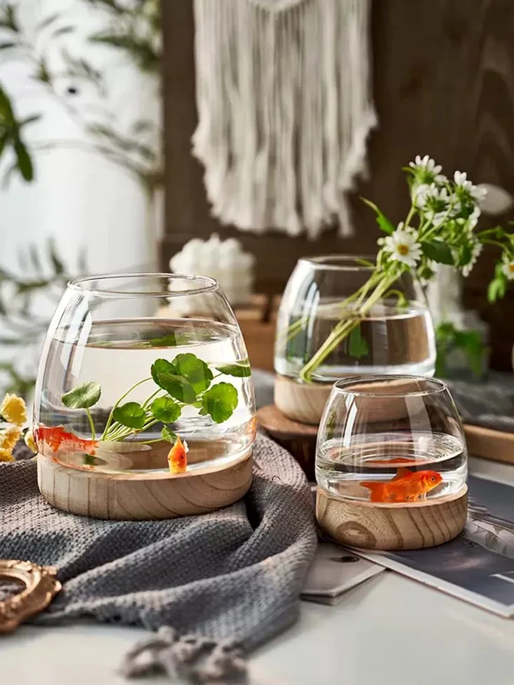 Vaso per Pesci in Vetro Con Base in Legno Staccabile, Piccolo da Tavolo per Piante Idroponica, Terrario Acquario Ecologico, Fiori (A)