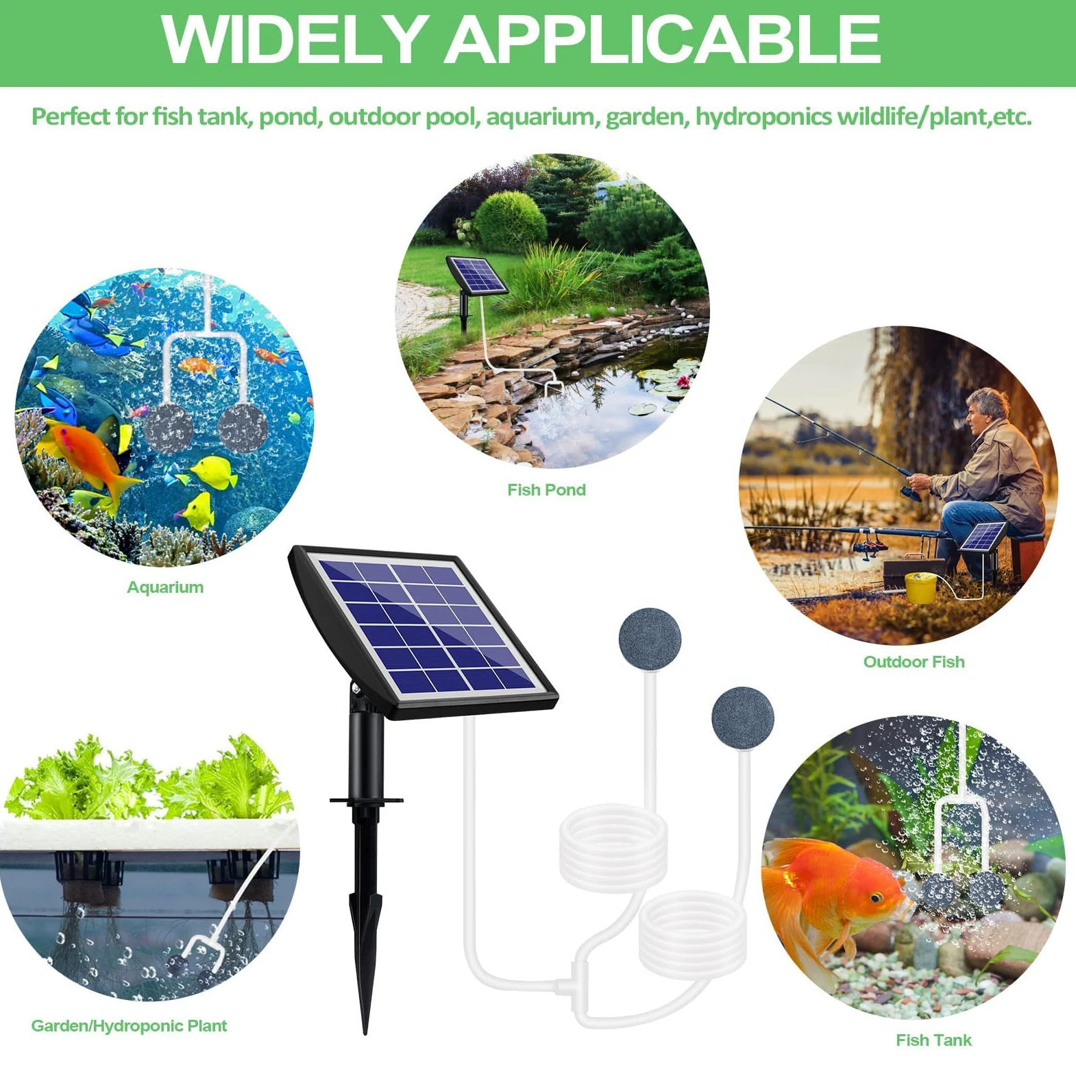 Solar Sauerstoffpumpe, aeratore solare da 2 W per laghetto con batteria di riserva da 2200 mAh, pompa ad aria idroponica, adatta per pesca all'aperto, laghetti, acquari