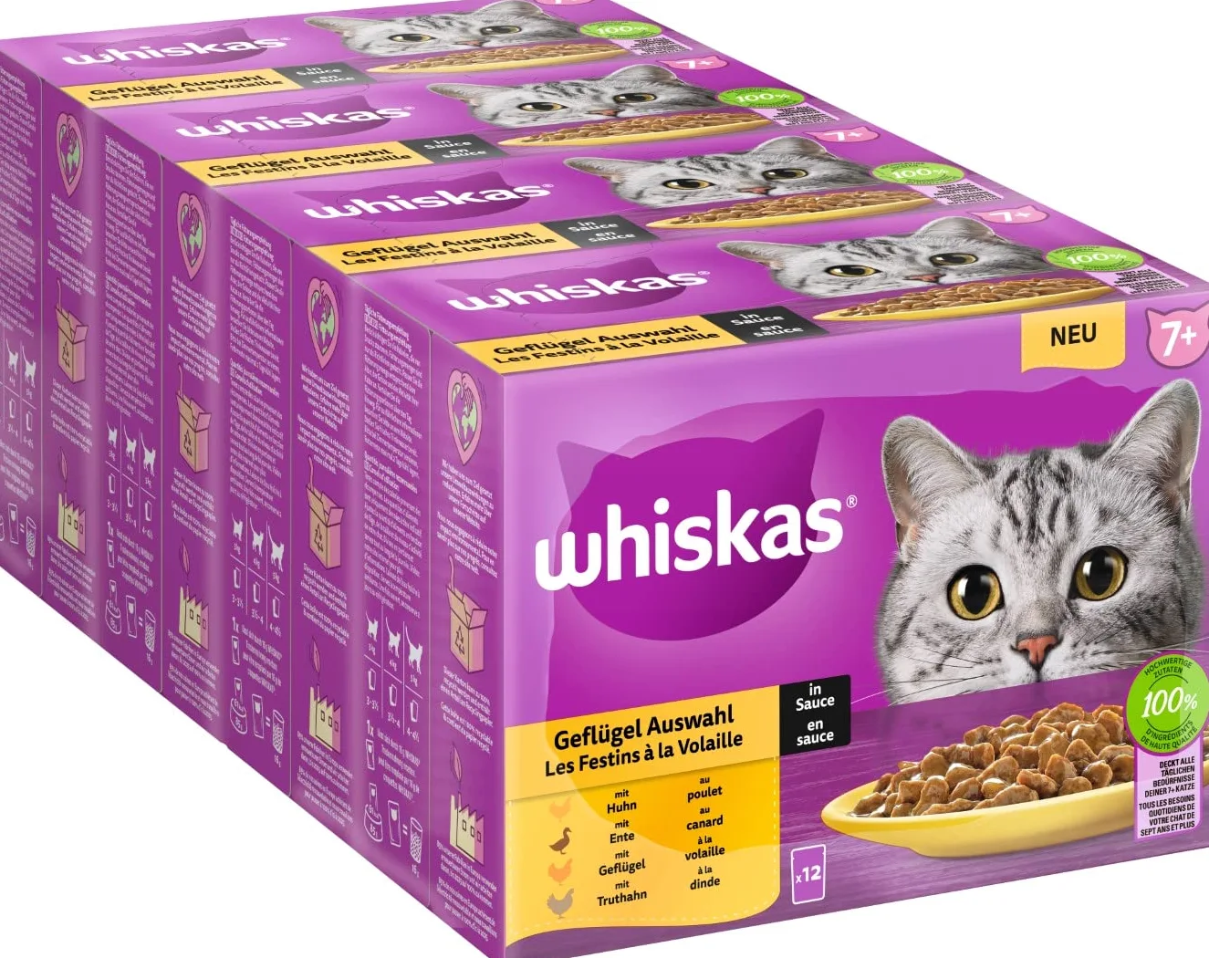 Whiskas 7+ cibo per gatti, pollame a scelta in salsa, 12 x 85 g (4 confezioni) – cibo umido di alta qualità a partire dai 7 anni in 48 sacchetti