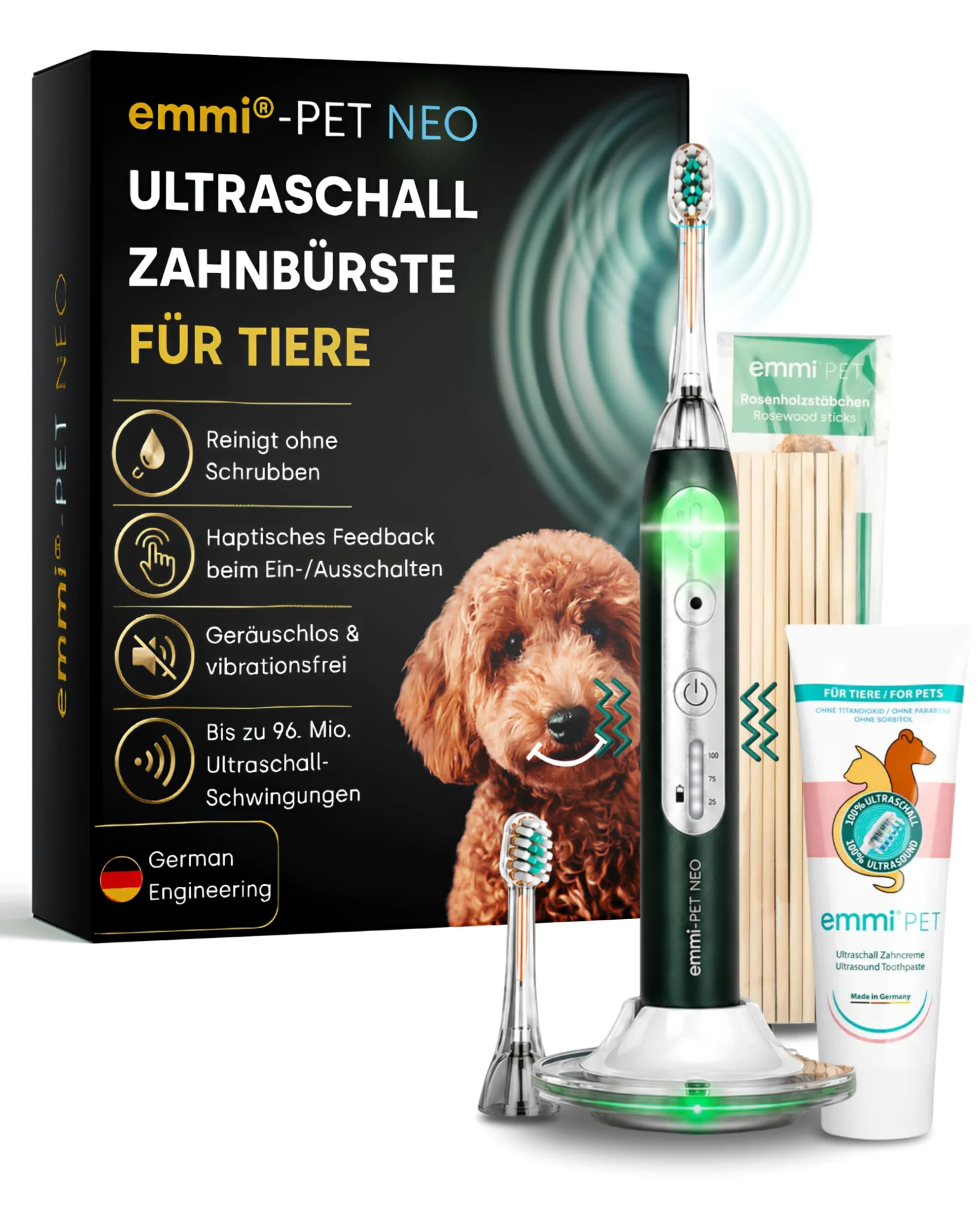 emmi-PET NEO Spazzolino da denti ultrasonico per cani I Spazzolino da denti per cani silenzioso con 3 modalità di pulizia per aiutare il tartaro e l'alito dei moli, cura dei denti senza strofinare