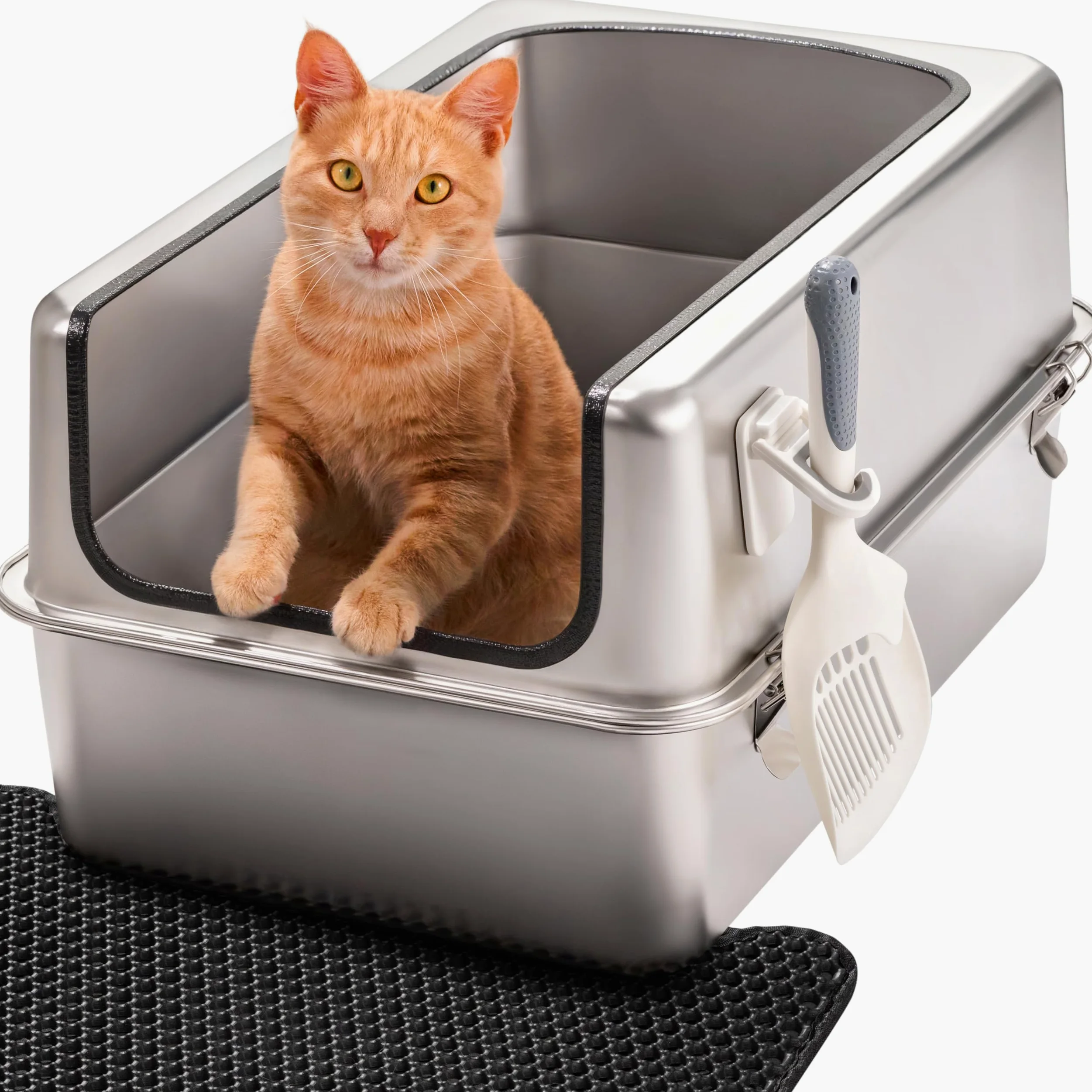 Lettiera Acciaio Inox – Inodore e Antiaderente – La Cassetta Gatto Inox XXL – Capacità 38L – Lettiere in acciaio per gatti – Con Paletta e Tappetino per Lettiera – 60 × 40 × 32 cm