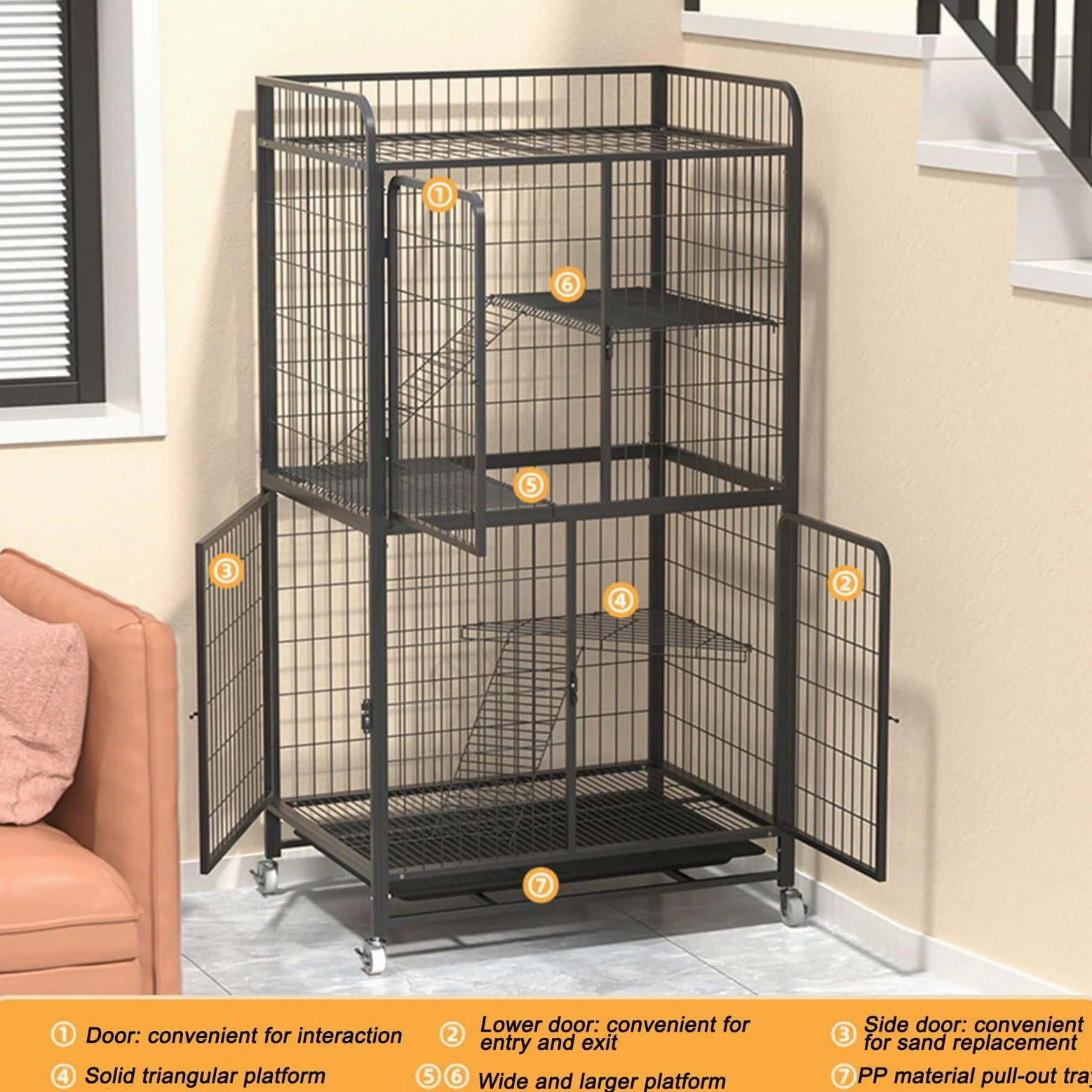 Grande gabbia per gatti, Gabbia per Gatti da Interno Multifunzionale, con 4 Rotelle Orientabili e vassoio estraibile, prodotti per animali domestici, Gabbia per 1-2 Gatti, Chinchilla(86*60*155cm)