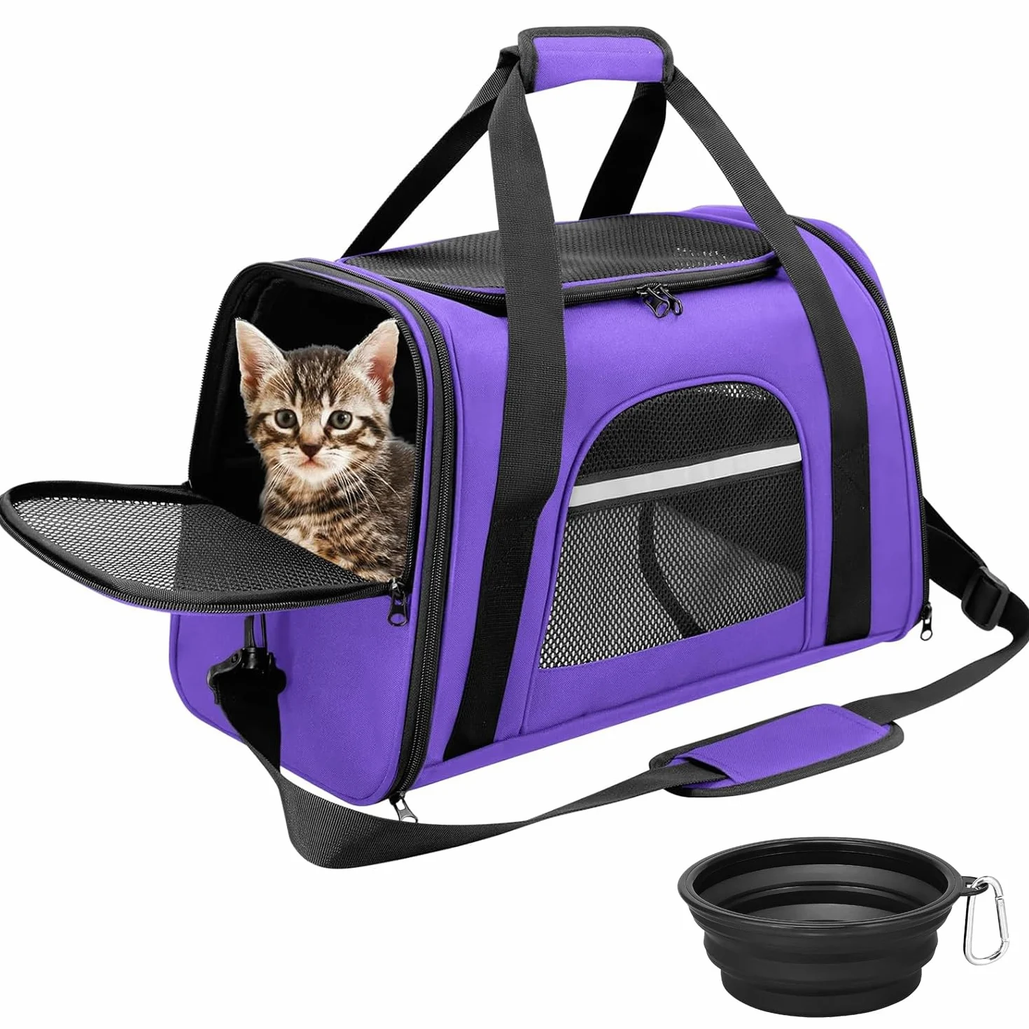 Trasportino per Cani e Gatti Borsa per Animali Portatile Pieghevole Borsa per Gatti Traspirante con Ciotola per Acqua Portatile (Viola)
