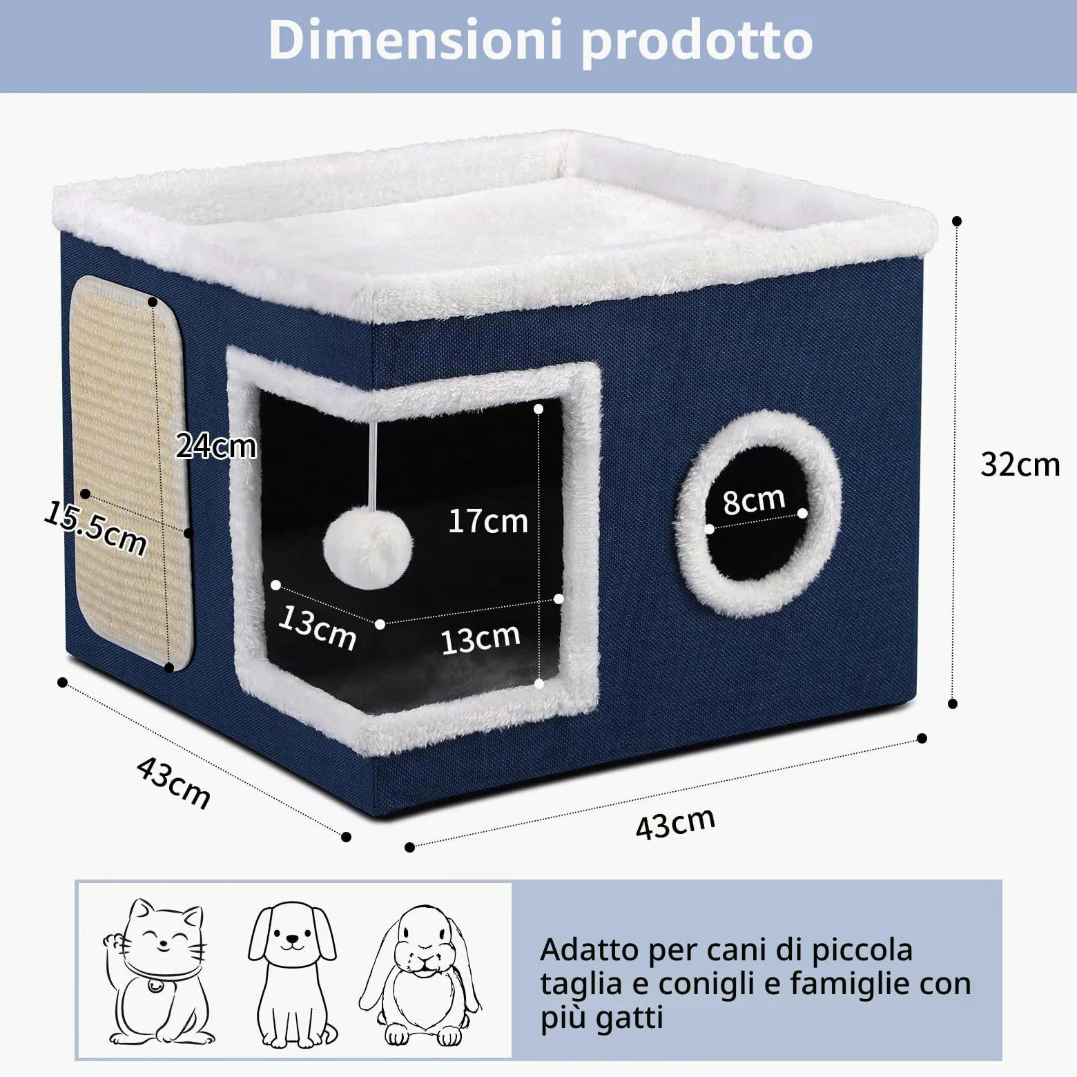 Cuccia per gatti pieghevole per Gatti indoor, 43*43*32 cm, grande cuccia per gatti con accogliente cuccia, palla sospesa, finestra rotonda, cubo per gatto a 2 strati con morbidi cuscini bifacciali,Blu