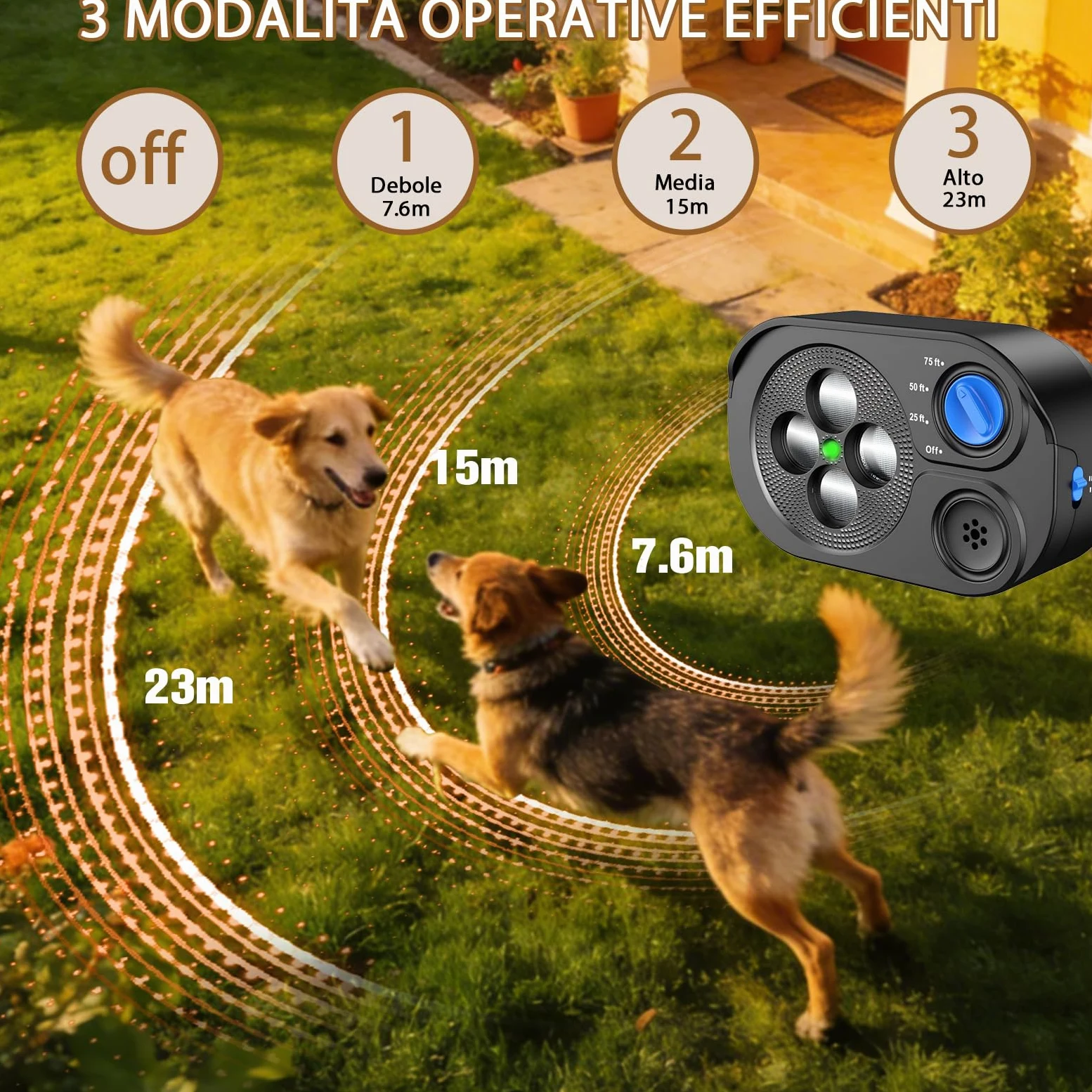 Dispositivo Anti-Abbaio, Deterrente Ultrasuoni per Abbaiare Cane 3 Aodalità, 23 m Stop Abbaiare Cane, Tappo Corteccia Sonico Interni Esterni, Dispositivi Anti Abbaio, IP65 Ricaricabile
