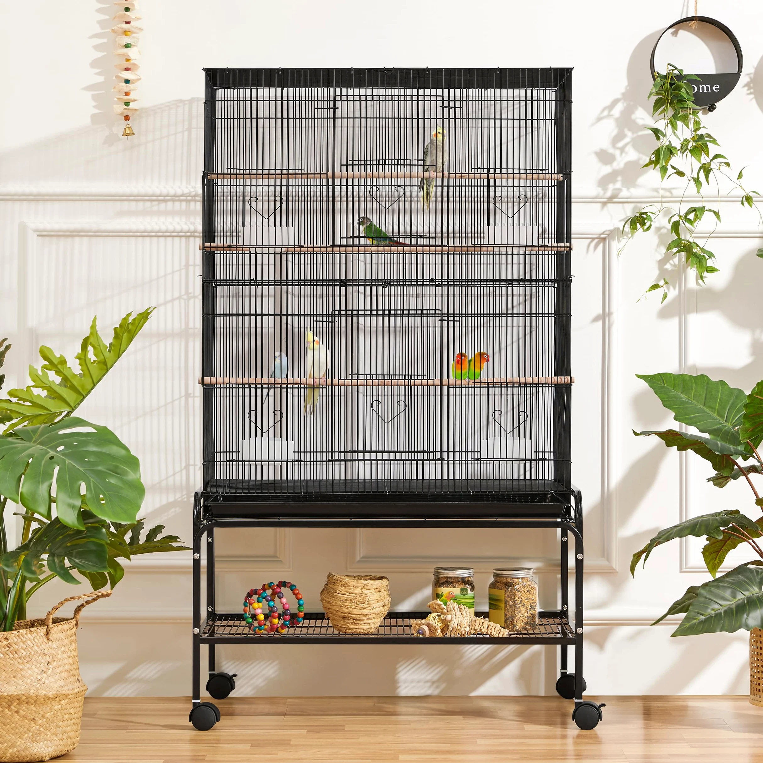 Gabbia Voliera per Uccelli Canarini Pappagalli, Grande con Ruote, Vassoio Estraibile, da Interno ed Esterno 79 x 49 x 135 cm Nero