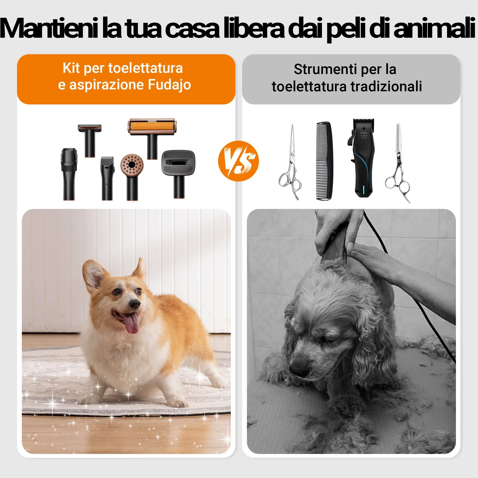 Fudajo Set per toelettatura di animali domestici 6 in 1, aspira peli per cani e gatti, tosatrice per cani, con accessori per la cura del pelo, colore nero