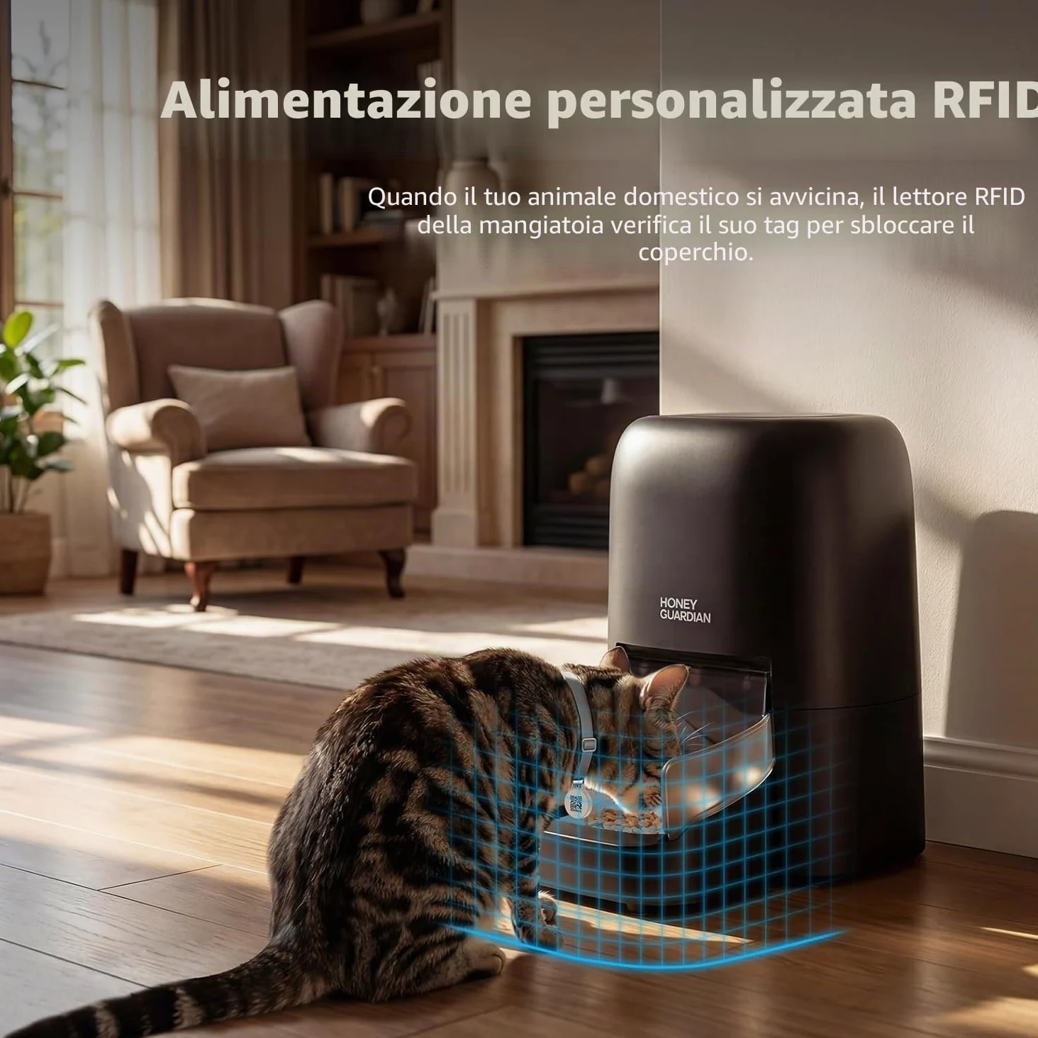 HoneyGuaridan 4.6L RFID Dispenser Crocchette Gatto con WiFi 5G e Antifurto | Distributore Automatico Cibo Gatti con Collare, Nutrizione su Misura, Monitoraggio Dietetico, Antifurto, Ciotola in Ceramica