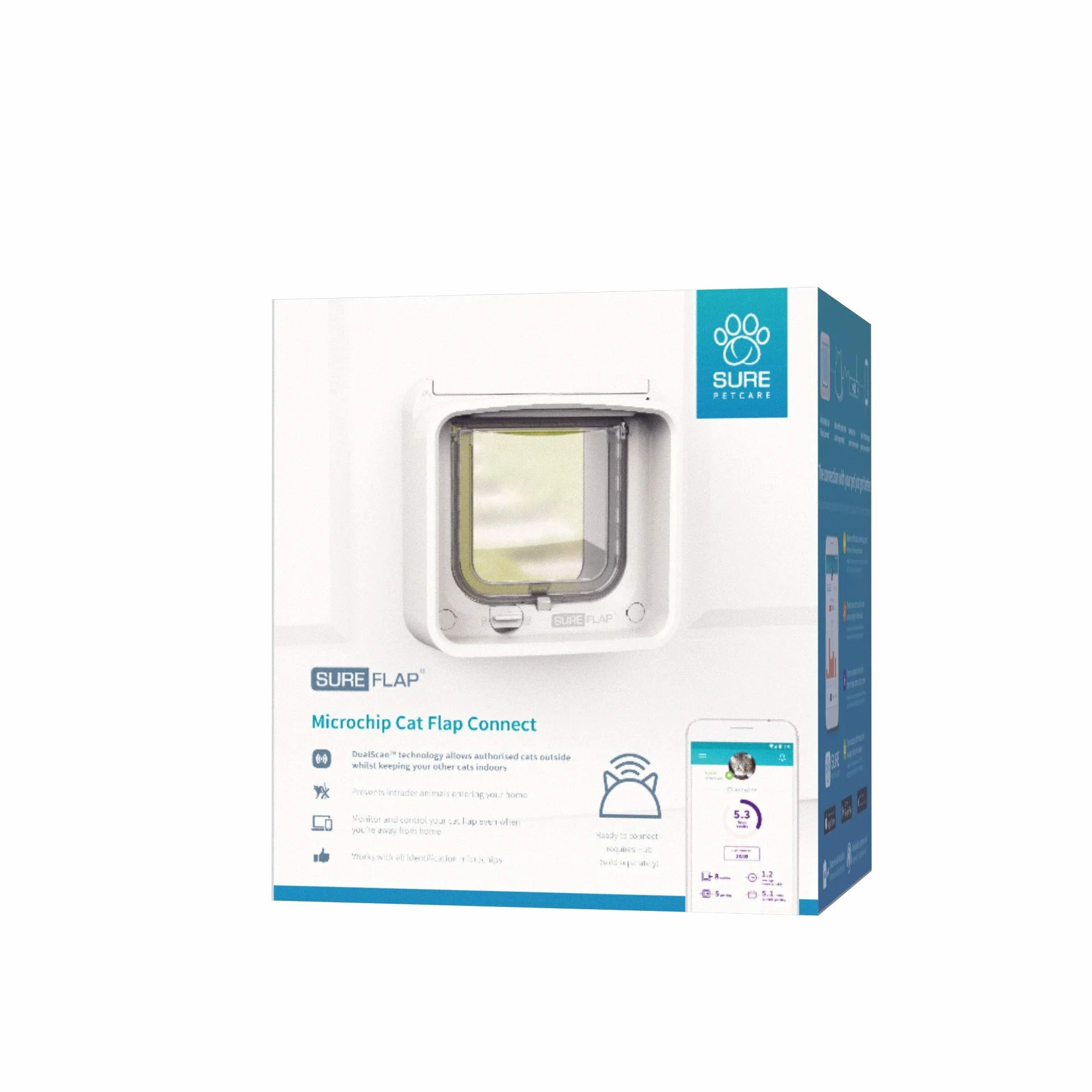 Gattaiola con lettore di microchip Connect SureFlap Sure Petcare, tecnologia DualScan, compatibile con App mobile, colore Bianco, richiede Hub e 4 batterie AA (non incl.)